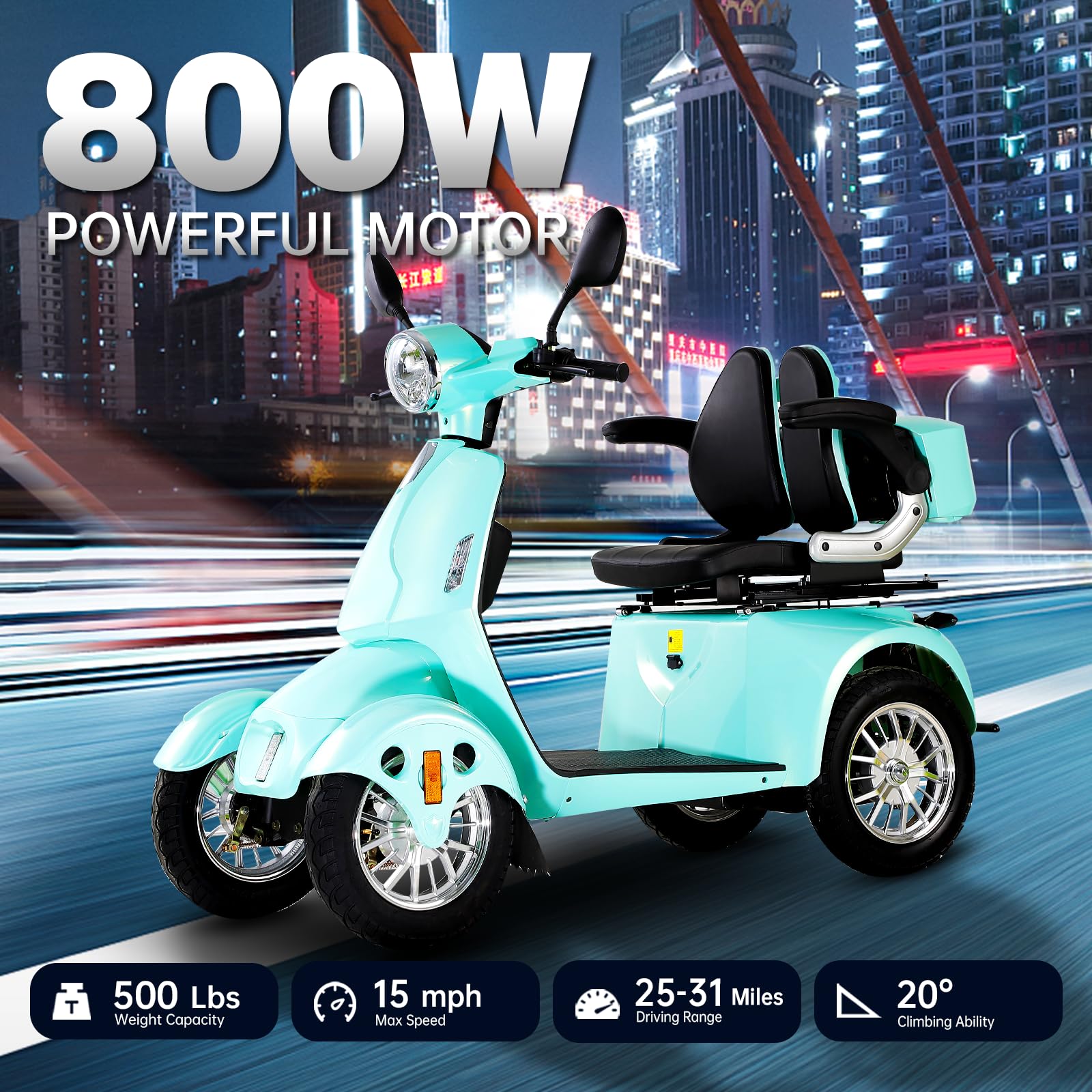 Heavy-Duty 4 Wheel Mobility Scooters for Seniors Adults 800W 3-Speed Travel Long Range Electric Battery Powered Scooter Medical Mobility Weight Capacity of 500lbs Adjustable seat (14-Green)