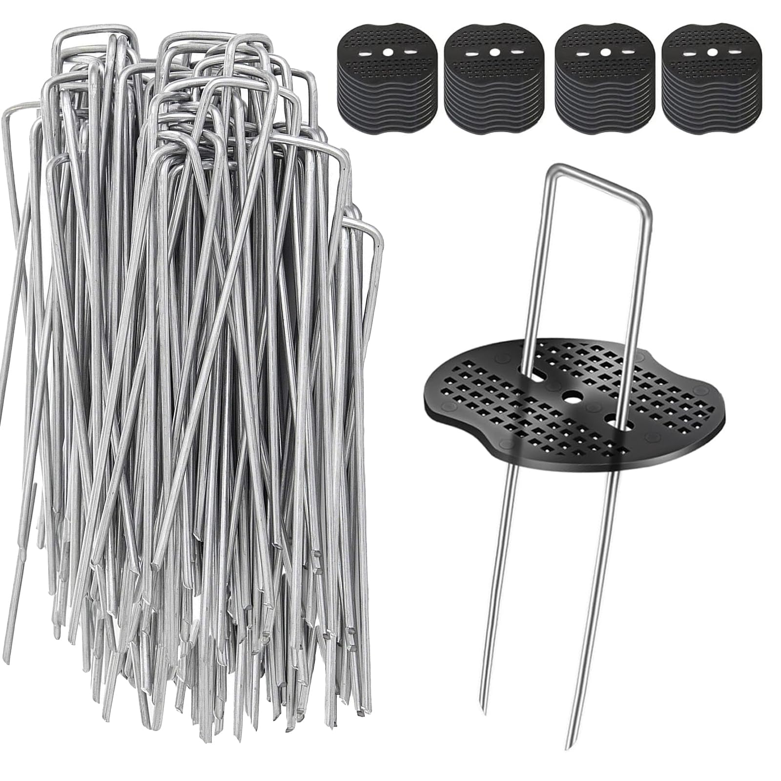 KOOSREELWeed Membrane Pegs, 50 Pack Metal 6"/150mm Weed Control Membrane Pegs+50 Pack Buffer Washer Heavy Duty Ground Pegs Weed Fabric Pegs Garden Pegs Staples Artificial Grass Pins for Membrane