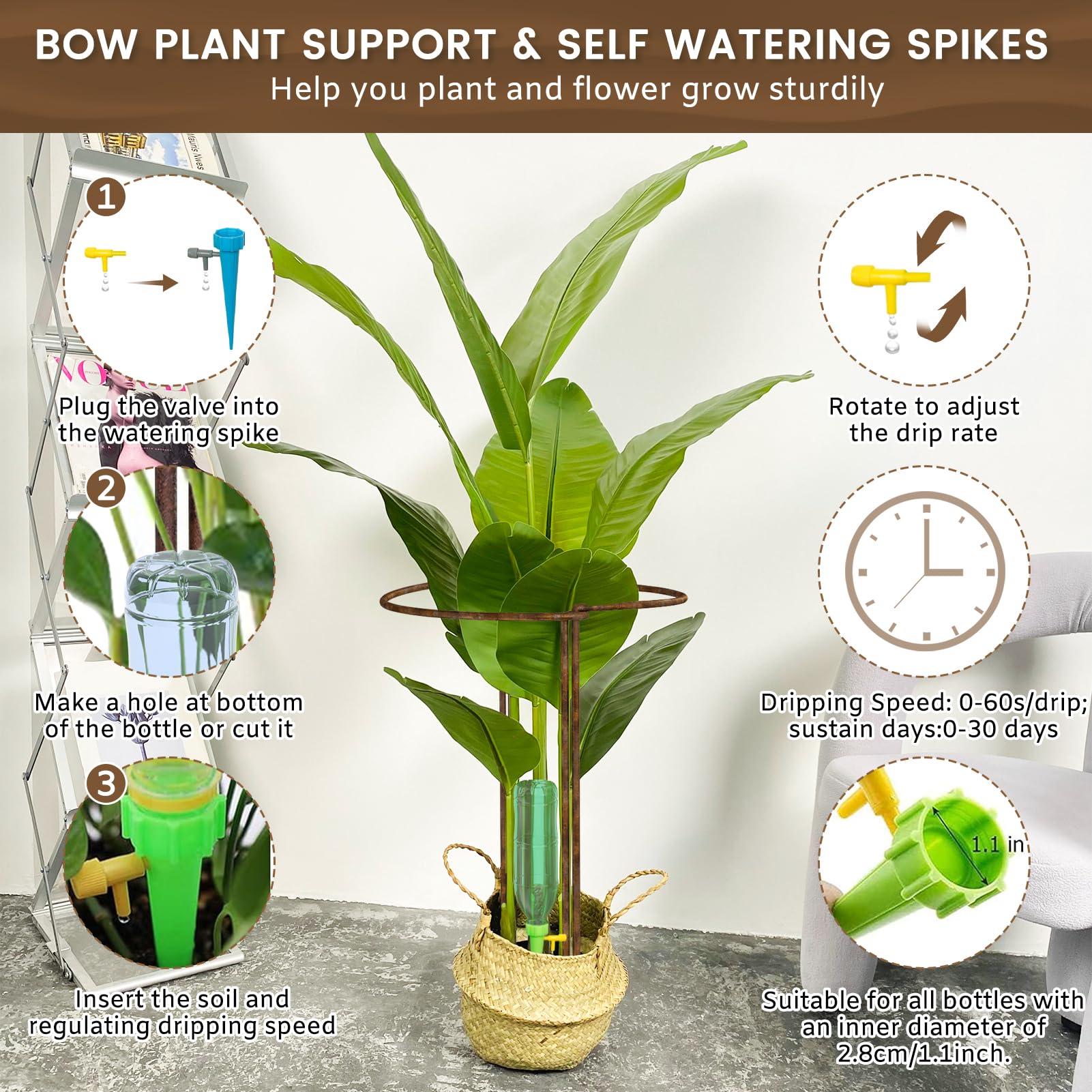 LyTaispuly 8 Stück 60 cm hohe Pflanzenstützpfähle, Starkes Metall, halbrund, Gartenstützen, Rostschleife, Ringkäfig mit 4 selbstbewässernden Spikes für Pfingstrose, Monstera (60 cm/8 Stück)