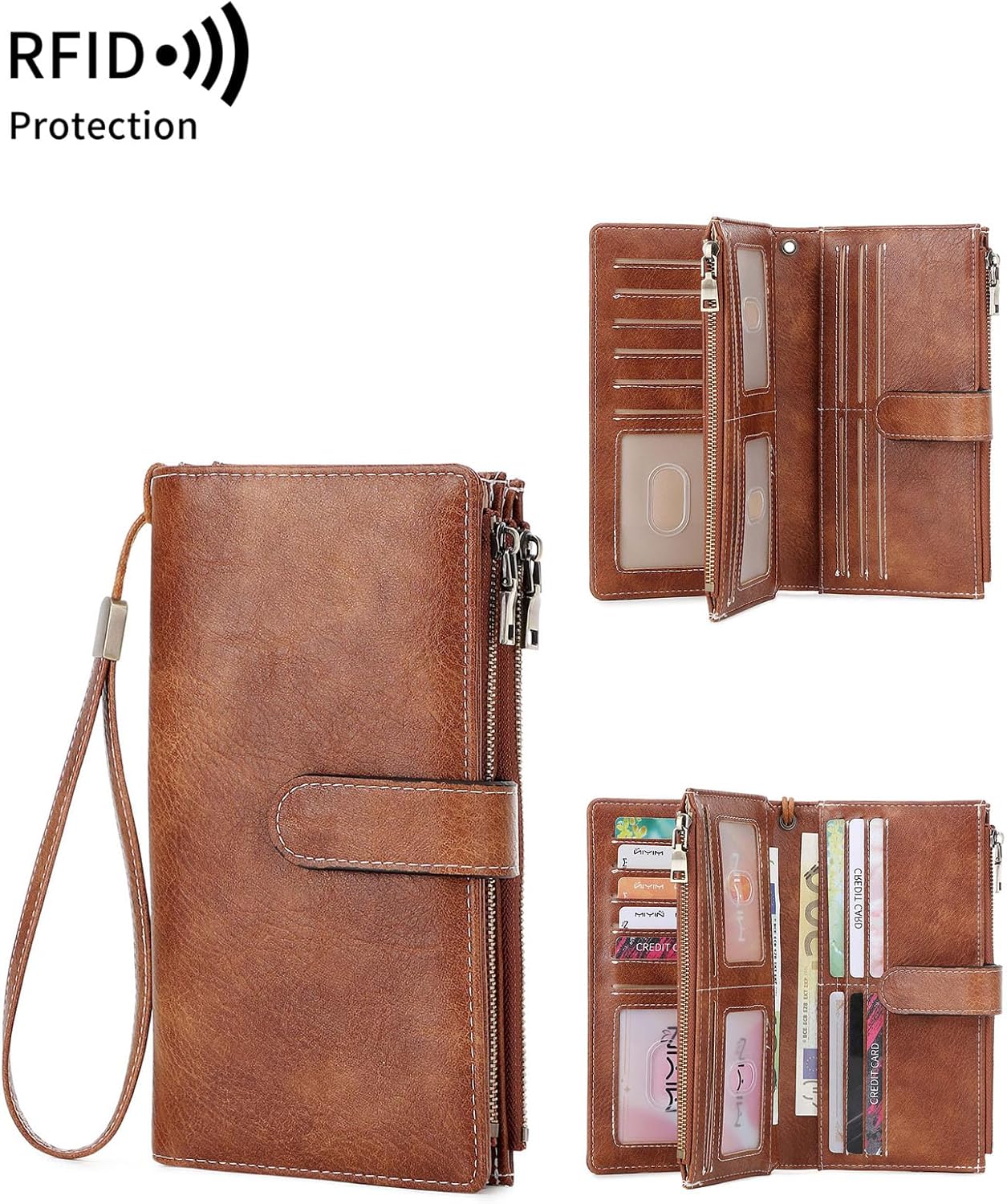 RFID Blocking PU Leather Wallet for Women - Slim Bifold with 16 Card Slots & Zipper Pocket, Compact Designer Purse with Smooth Double Zipper Design