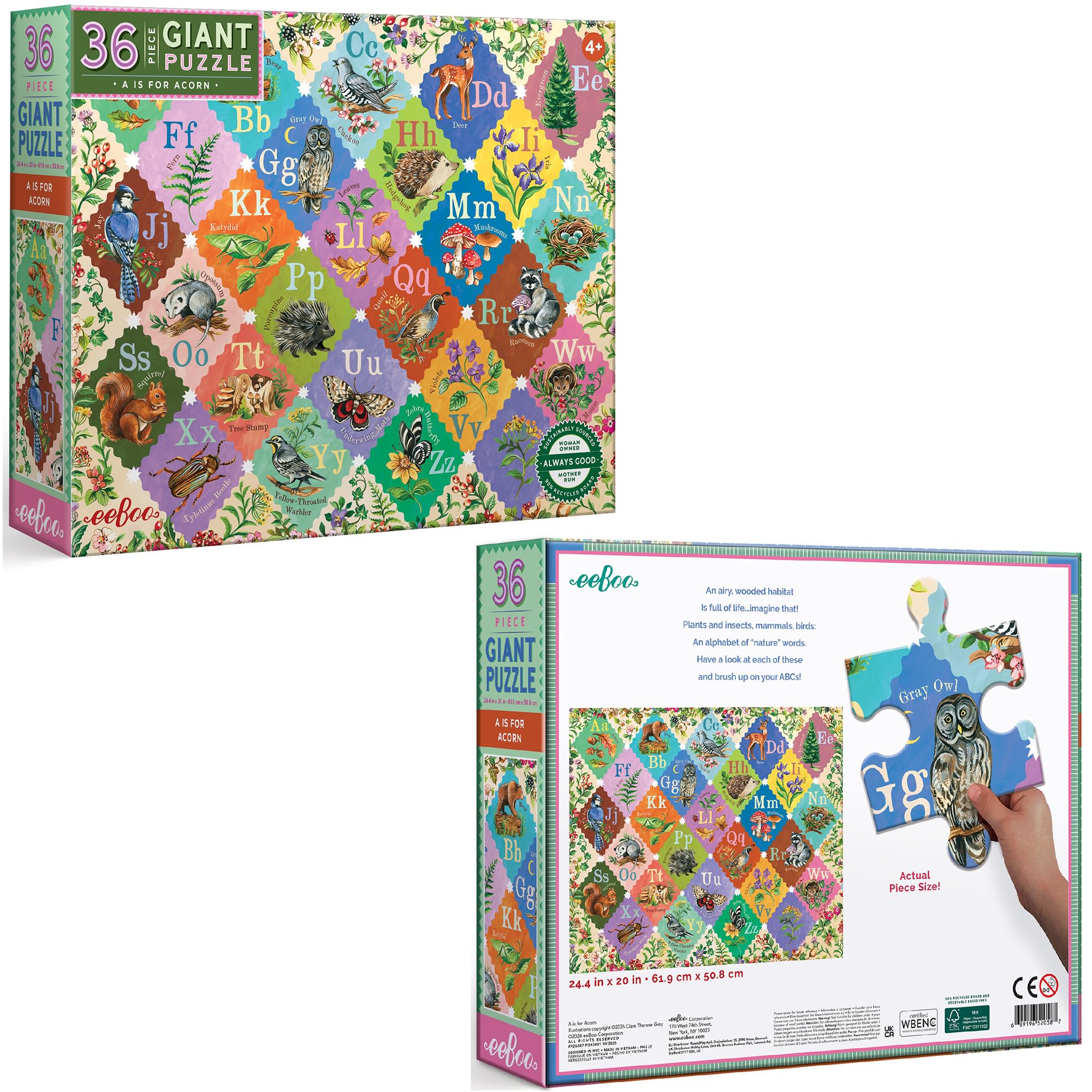 eeBoo: A is for Acorn – 36-teiliges riesiges Bodenpuzzle – 24 x 20 ABC Woodland Animal & Nature Jigsaw, übergroße Teile, Alphabet frühes Lernen, Kinder ab 4 Jahren
