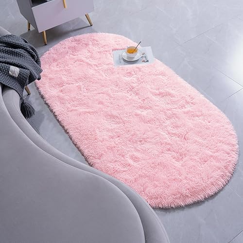 Miniatura 3 de Alfombra esponjosa para dormitorio, pequeña alfombra ovalada, alfombra de noche de pelo largo rosa para habitación de niños, guardería, decoración