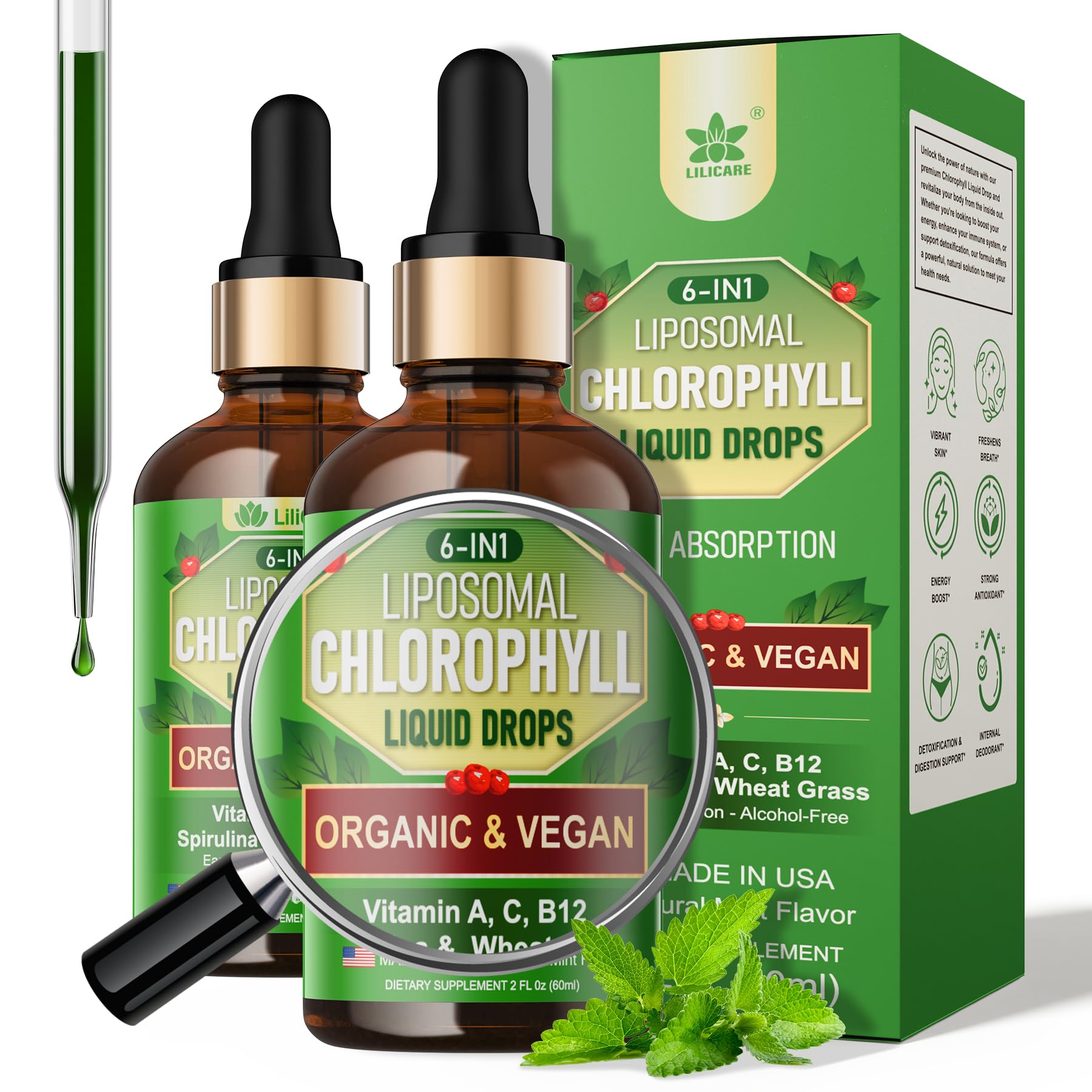 Organic Chlorophyll Liquid Drops Liposomal for Women & Men, 6-in-1 Greens Superfood Vegan Chlorophyll w/Spirulina, Wheat Grass, Vitamin C B12 A for Internal Deodorant*, Energy,Digestive,2Packs/4 Fl Oz 2 Fl Oz (Pack of 2)