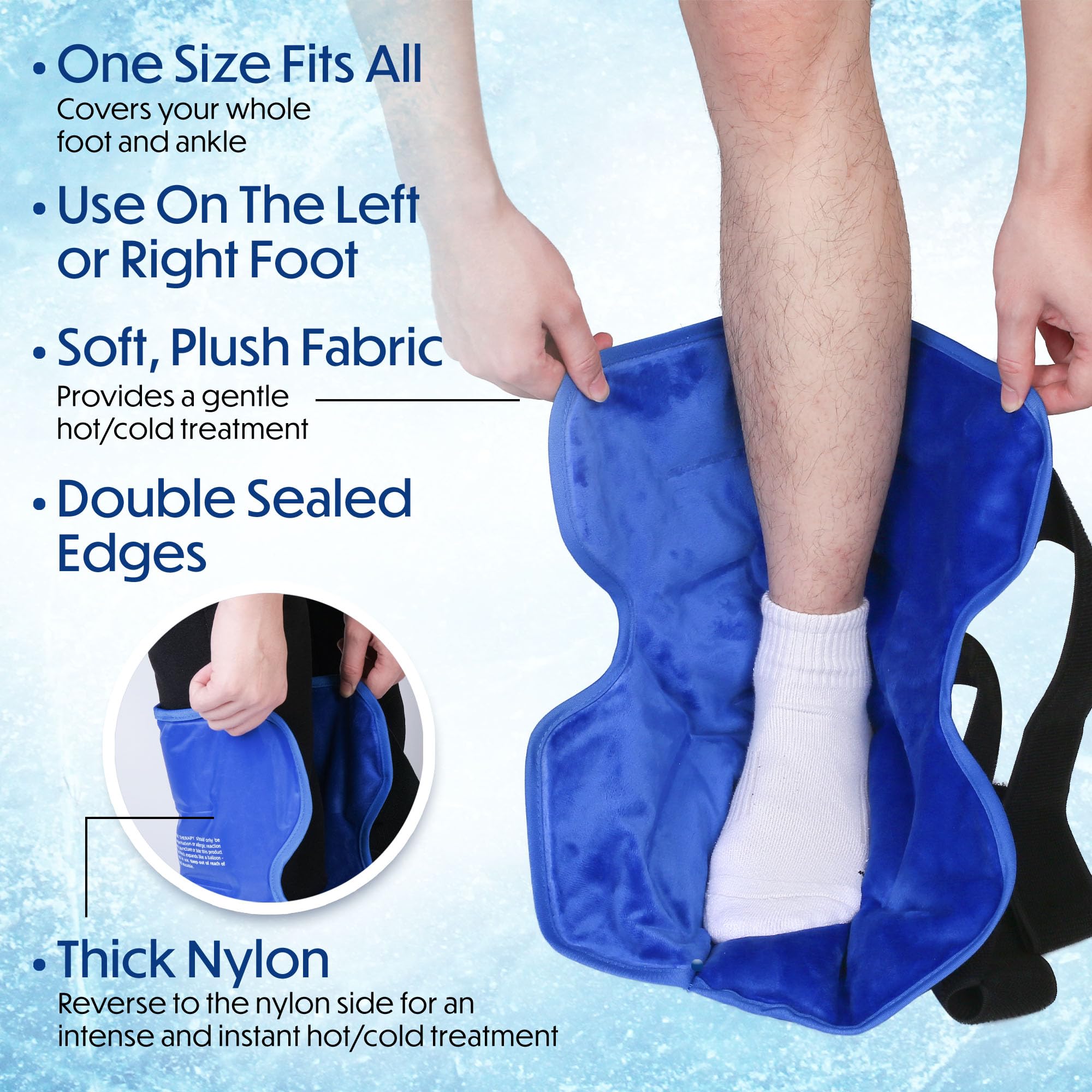 Foot Ankle Ice Pack Wrap, Hot Cold Therapy, Large Reusable Gel Ice Pack for Achilles Tendonitis Relief, Plantar Fasciitis, Injuries, Heel Pain, Plush Lining, with Strap, Mother's Father's Day Gift