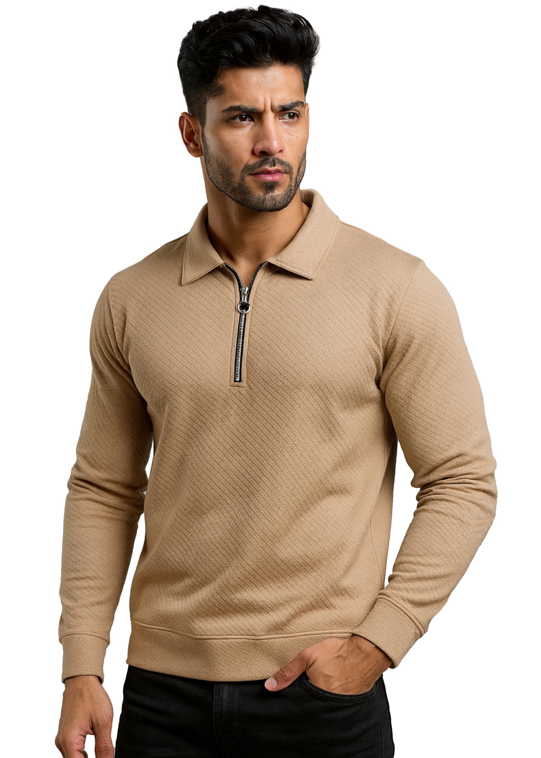 peppyzone Men's Full Sleeve Textured Polo T-Shirt with Collar | Stylish Chain Zip Tshirt for Man | Premium Polyester Lycra Stretch Fabric | Long Sleeve T Shirt for Men-picture-30
