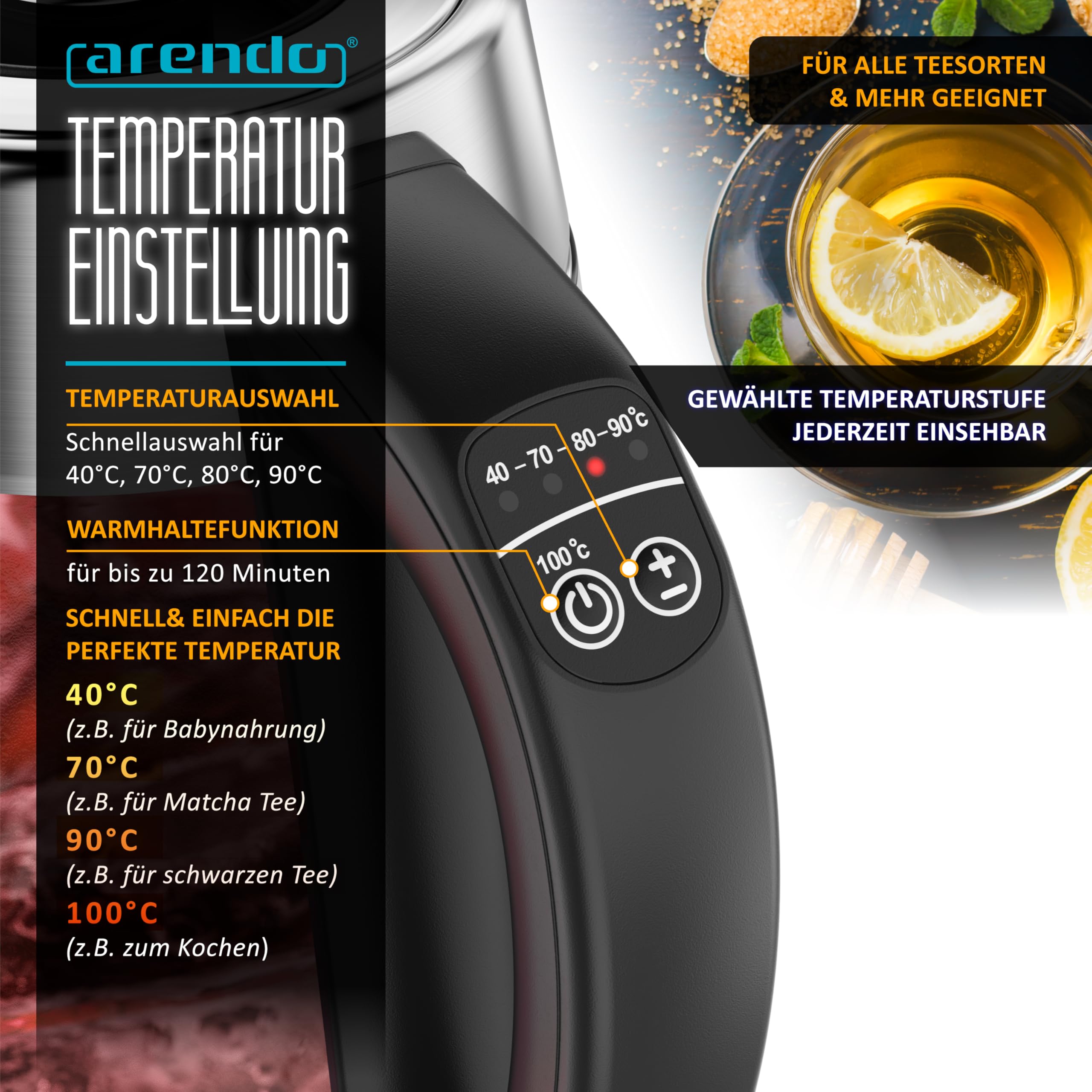 Arendo - 2in1 Glas Wasserkocher und Teekocher mit Temperatureinstellung – 1,7 Liter – Teesieb – Glas und Edelstahl – 5 Temperaturen – temperaturabhängige LED-Darstellung – Warmhalten bis zu 2 Stunden