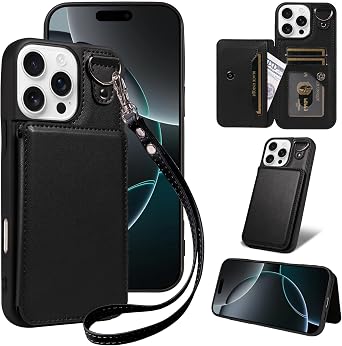 Leather Case for iPhone 16 PRO, Premium Synthetic Leather Magnetic Closure Folio Case with Soft TPU Inner Shell Card Slots Kickstand Phone Case for iPhone 16 PRO, Black