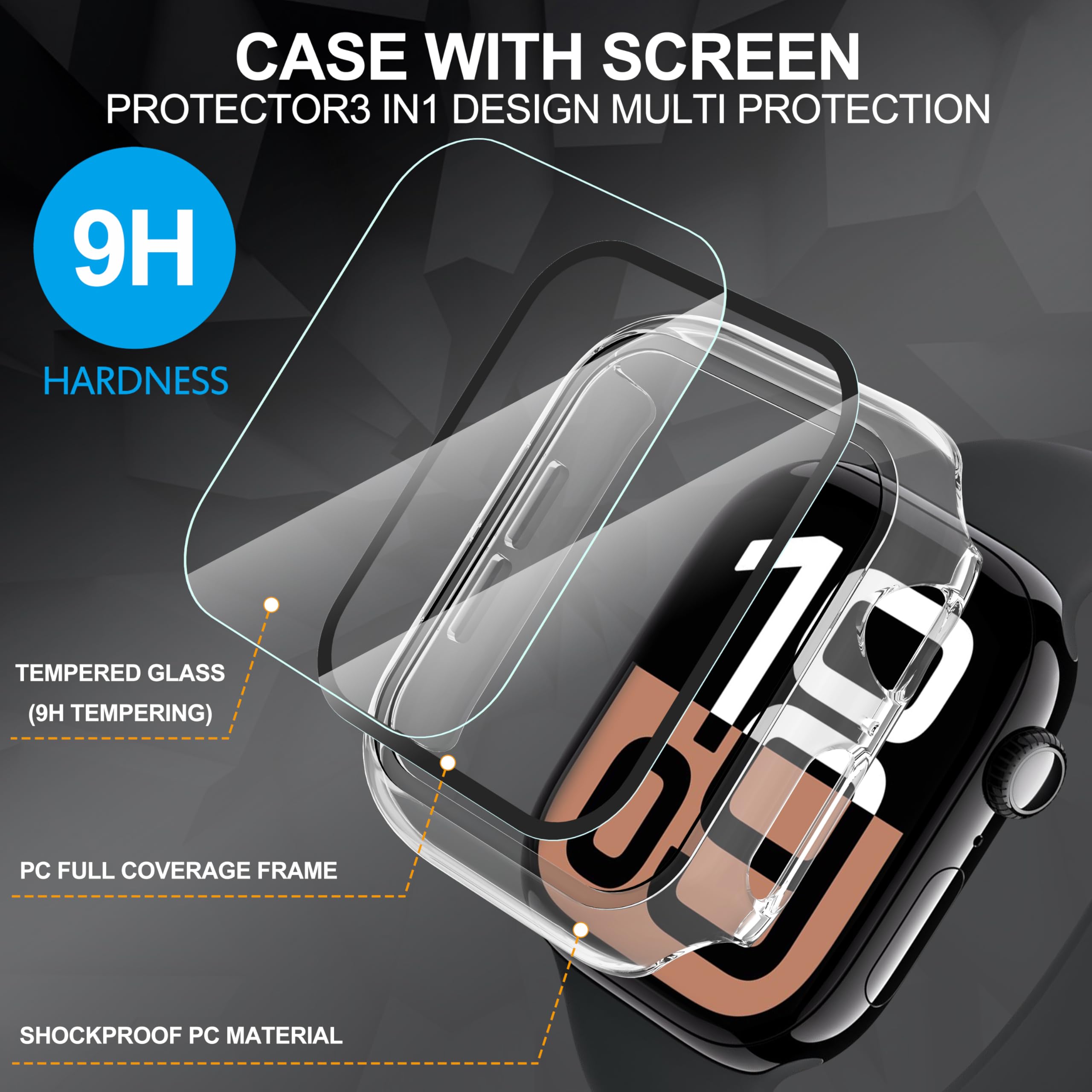 Diruite 2 Pezzi Cover per Apple Watch Series 10 46mm Vetro Temperato Pellicola Protettiva,PC Rigido Case Protettiva Ultrasottil Custodia,Trasparente,46mm