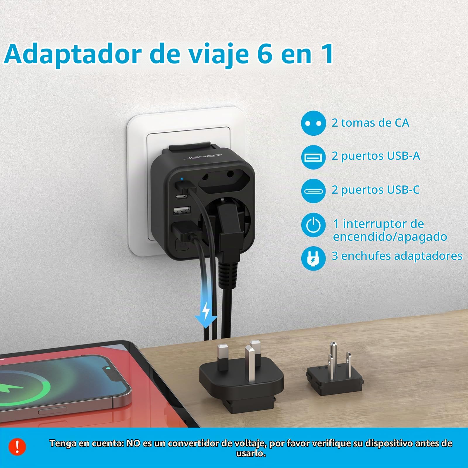 Adaptador De Viaje Universal JSVER Con 2 USB-C (PD 20W) Y 1 USB-A – 4 Enchufes Reemplazables Para USA, UK, UE Y AUS, 2500W De Potencia