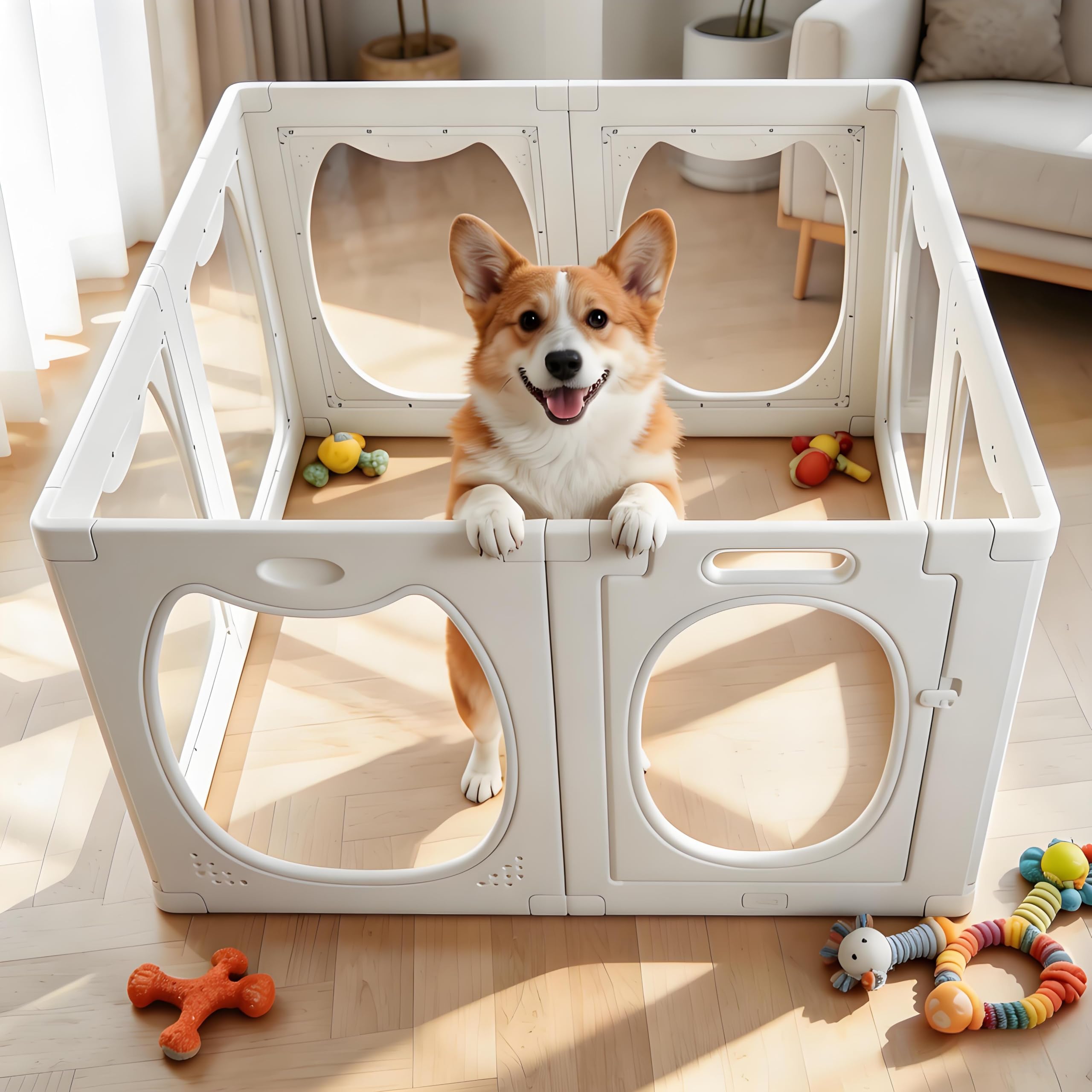 Clear Acrylic Dog Playpen with Door, 8 Panel Clear Dog Playpen Indoor, 50x60cm Transparent Pet Fence, Expandable Puppy Playpen with Suction Cups, Easy Assemble for Small Dogs/Puppies/Cats