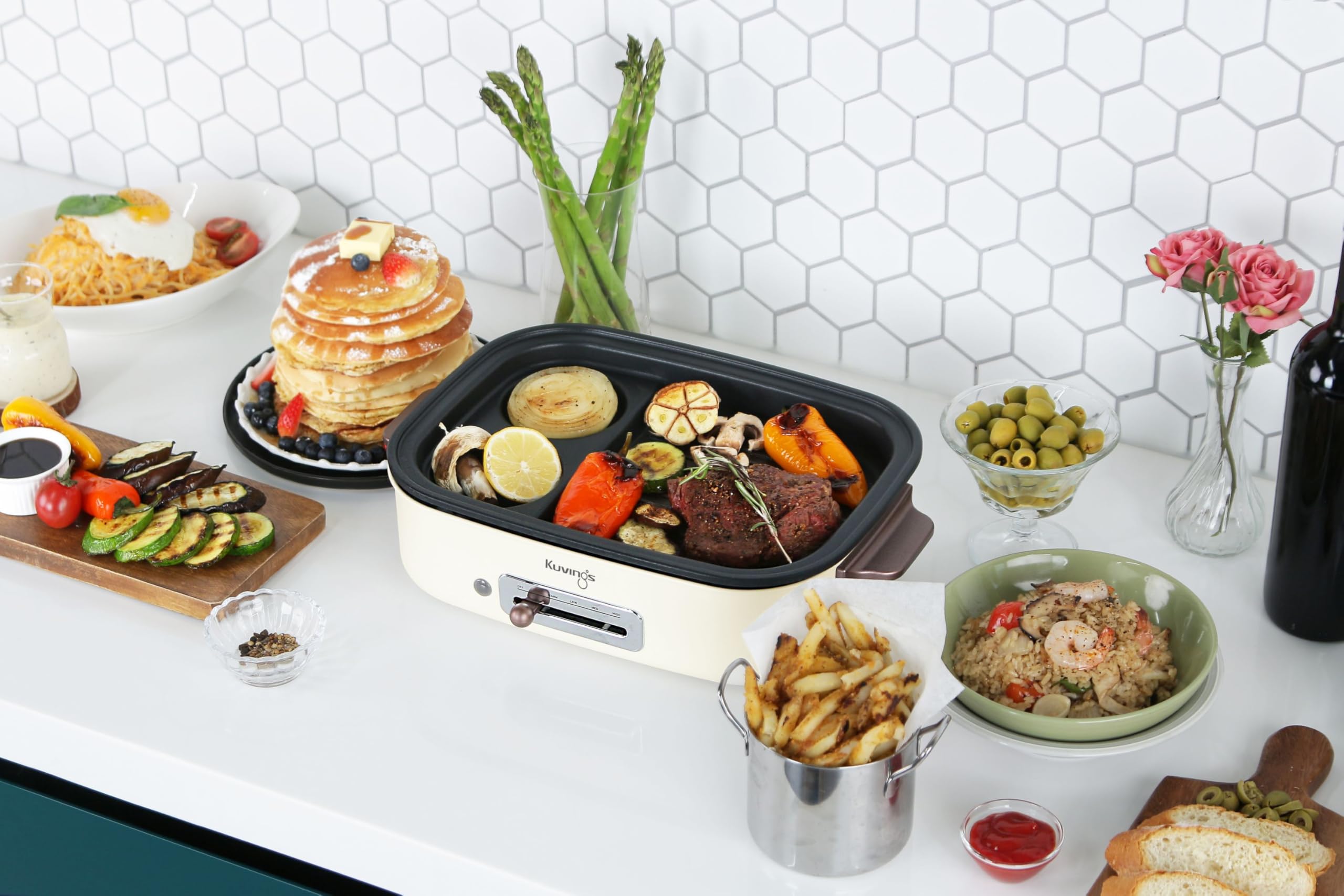 Kuvings MultiGrill Ceramic Plus - grill kontaktowy wielofunkcyjny z płytami ceramicznymi, 65-250°C, 1200-1400 W, 2 płyty (śniadaniowa i głęboka), beżowy