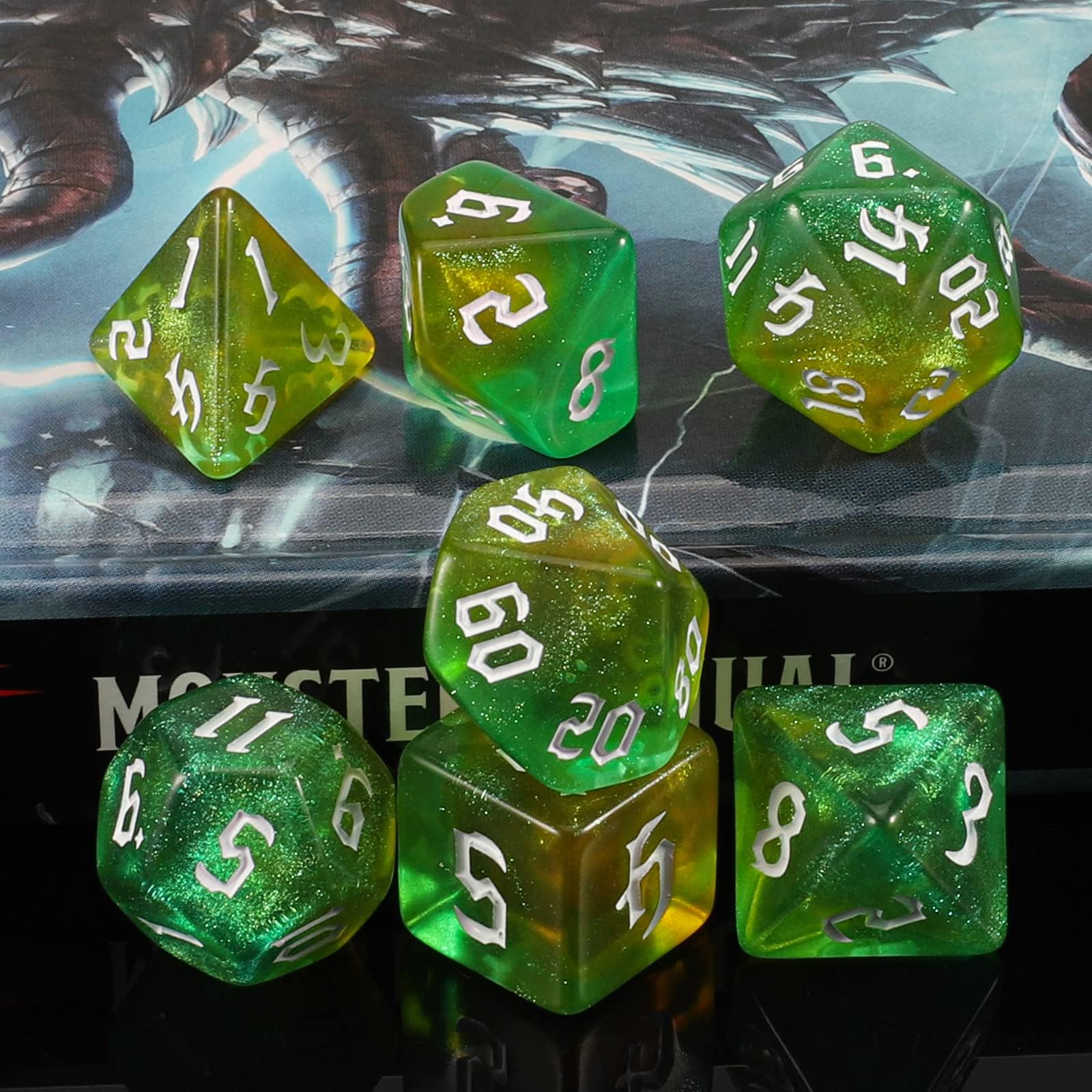 Dé De Rôle DND – Lot 7 Dés Polyédriques – Jaune Et Vert – Donjon & Dragon, Pathfinder, MTG – Accessoire Jeu De Table