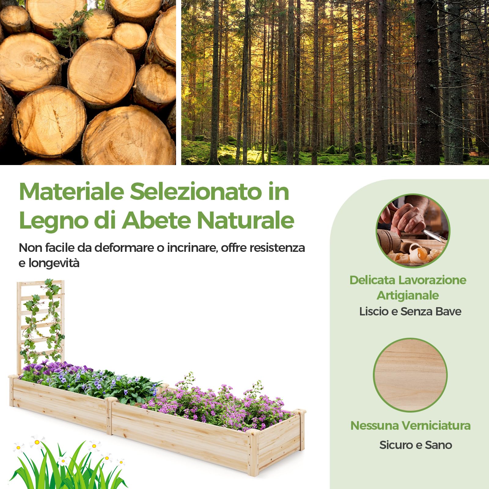 COSTWAY Fioriera da Esterno e Traliccio, Letto Rialzato in Legno per Fiori, Erbe, Verdure, Frutta e Viti Rampicanti, Aiuola Elevata da Giardino con Spalliera, 235CM x 63CM x 102CM (Naturale)