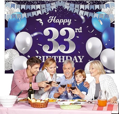 Miniatura 6 de Cartel de feliz cumpleaños número 33, globos azul marino, confeti, bandera a rayas, puntos de luz, saludos a 33 años, decoración temática para