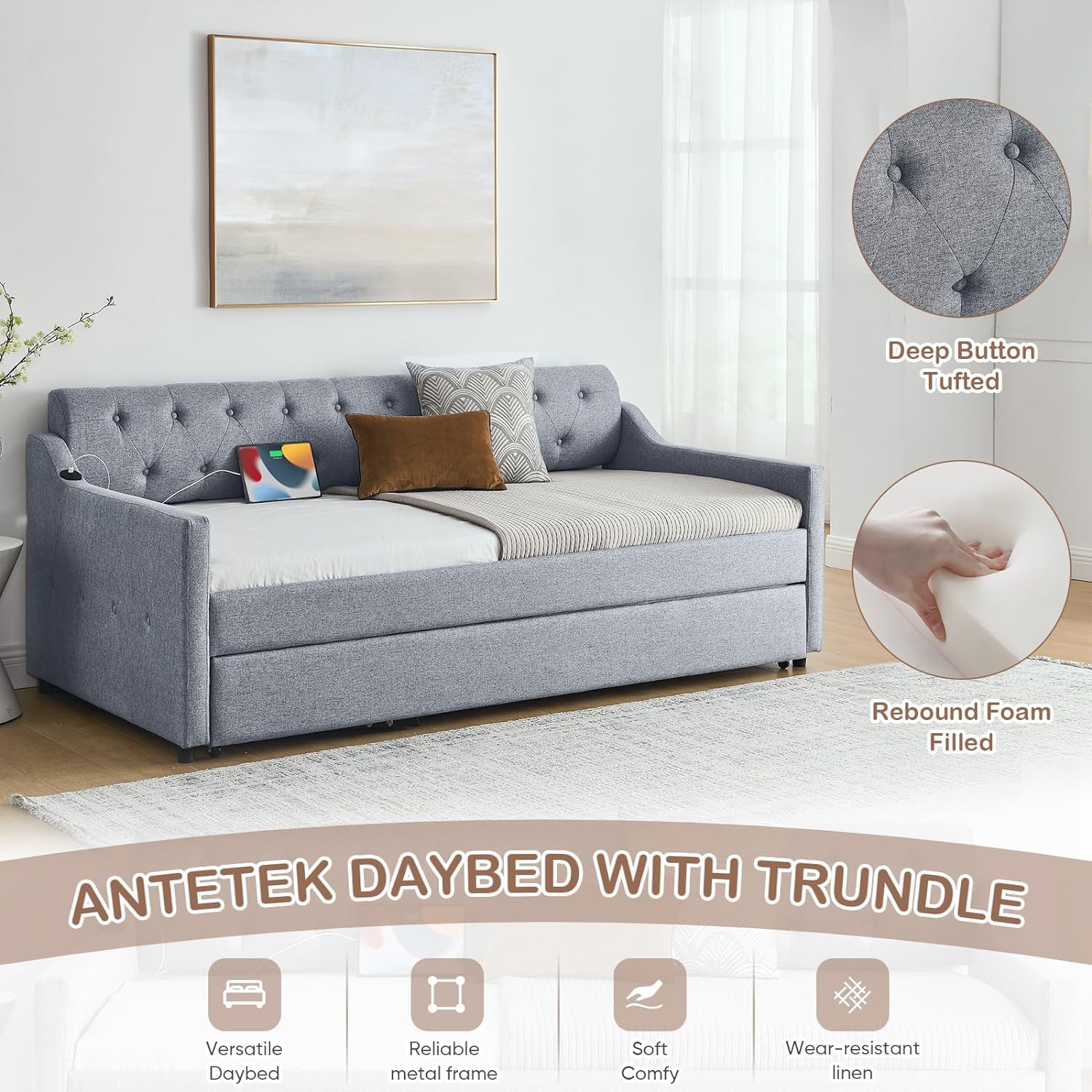 Antetek Daybed with the trundle fully extended and raised to the same height as the main bed, creating a larger sleeping surface.