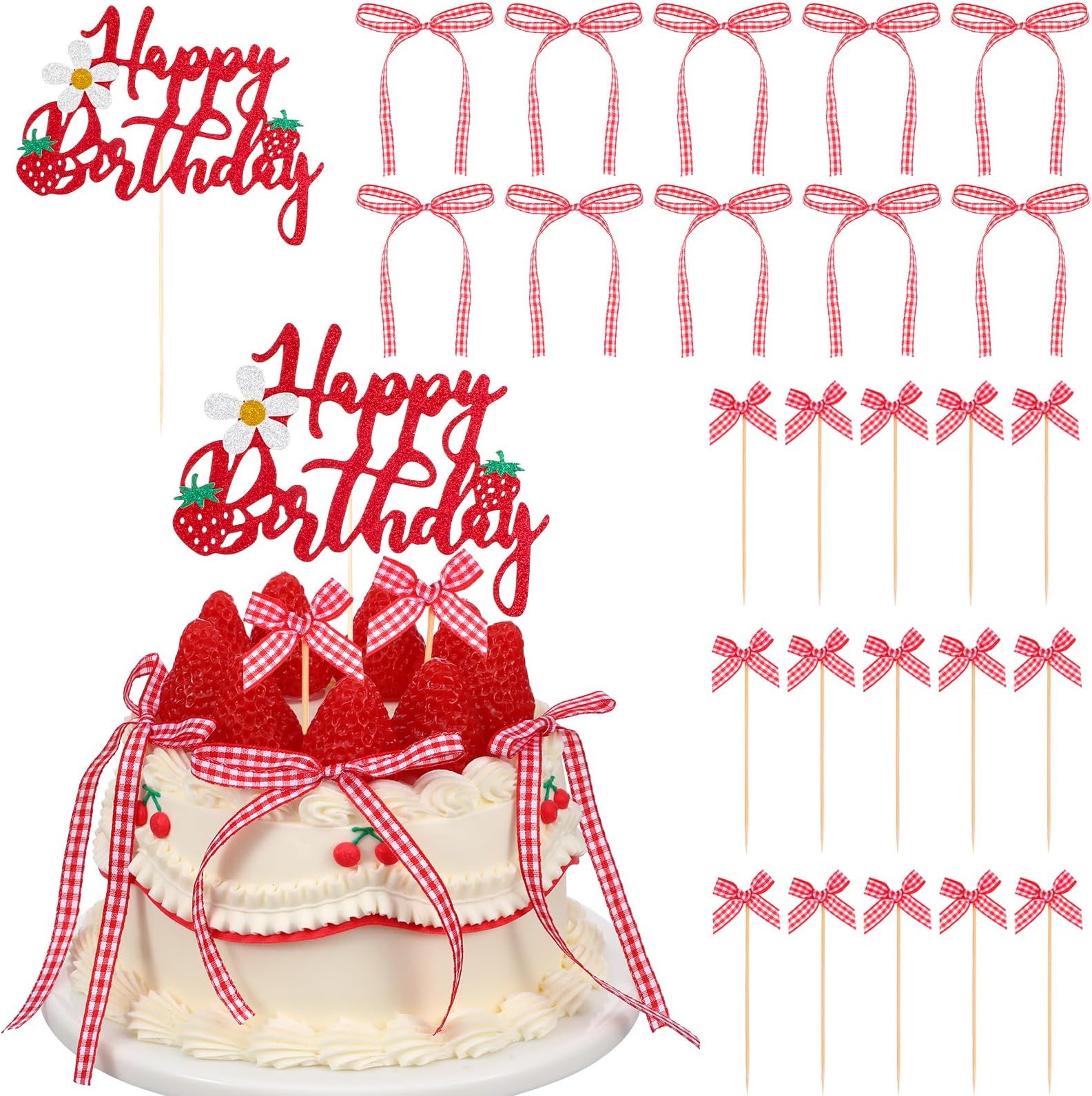 Strawberry Happy Birthday Cake Topper, 10pcs Gingham Ribbon Bows, 15pcs Bow Cupcake Toppers, Cake Dessert Picks Baby Girl Boy Wedding Party Supplies