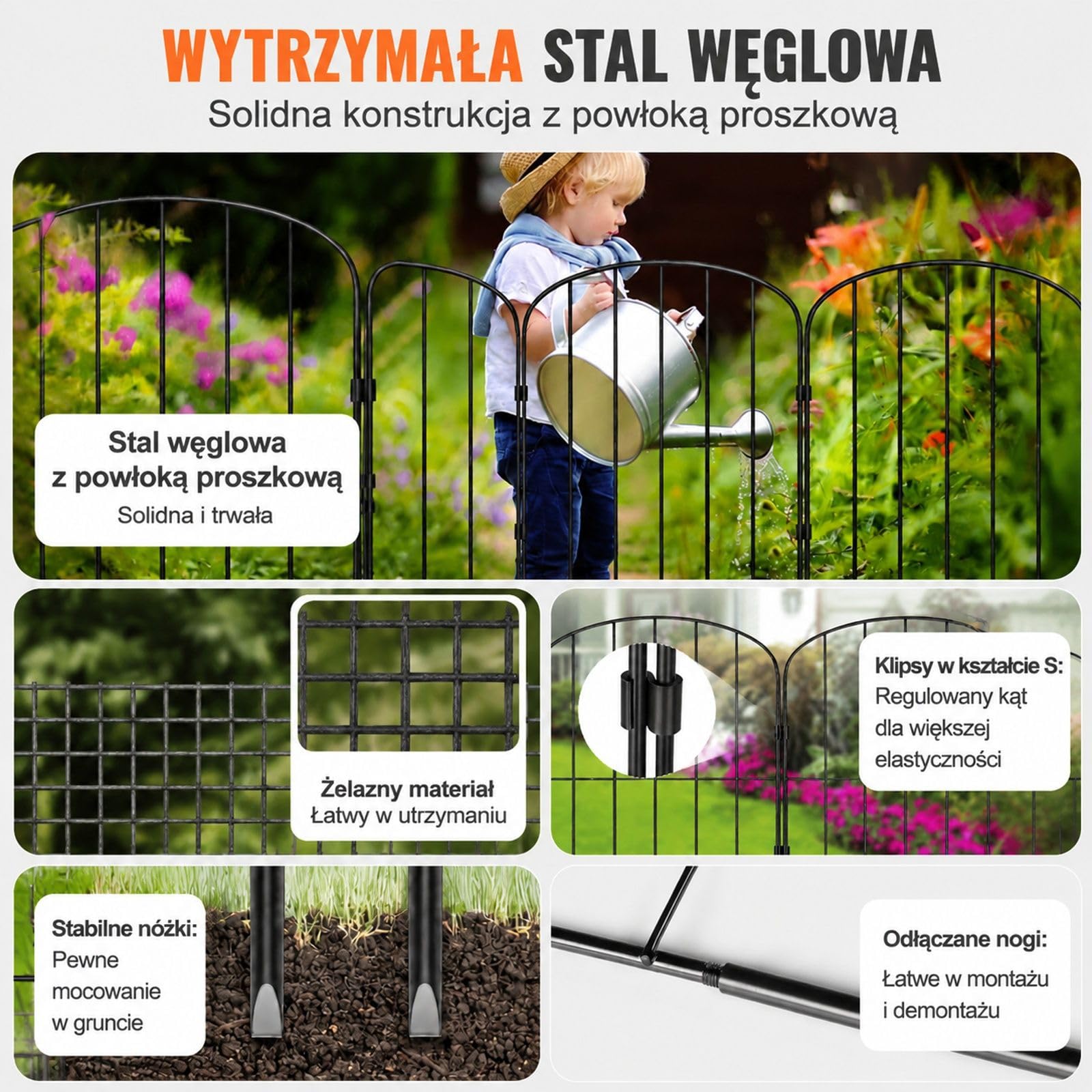 28-elementowe dekoracyjne ogrodzenie ogrodowe z czarnej stali węglowej, łukowe panele, montaż przez wbicie w podłoże