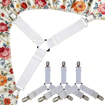 Bed Sheet Fastener, Non-Slip Bed Sheet Holder & Fitted Sheet Straps, Bed Sheet Clips for All Bed Sizes, Sofa Covers, Electric Blankets, Easy Install 4 Pack White