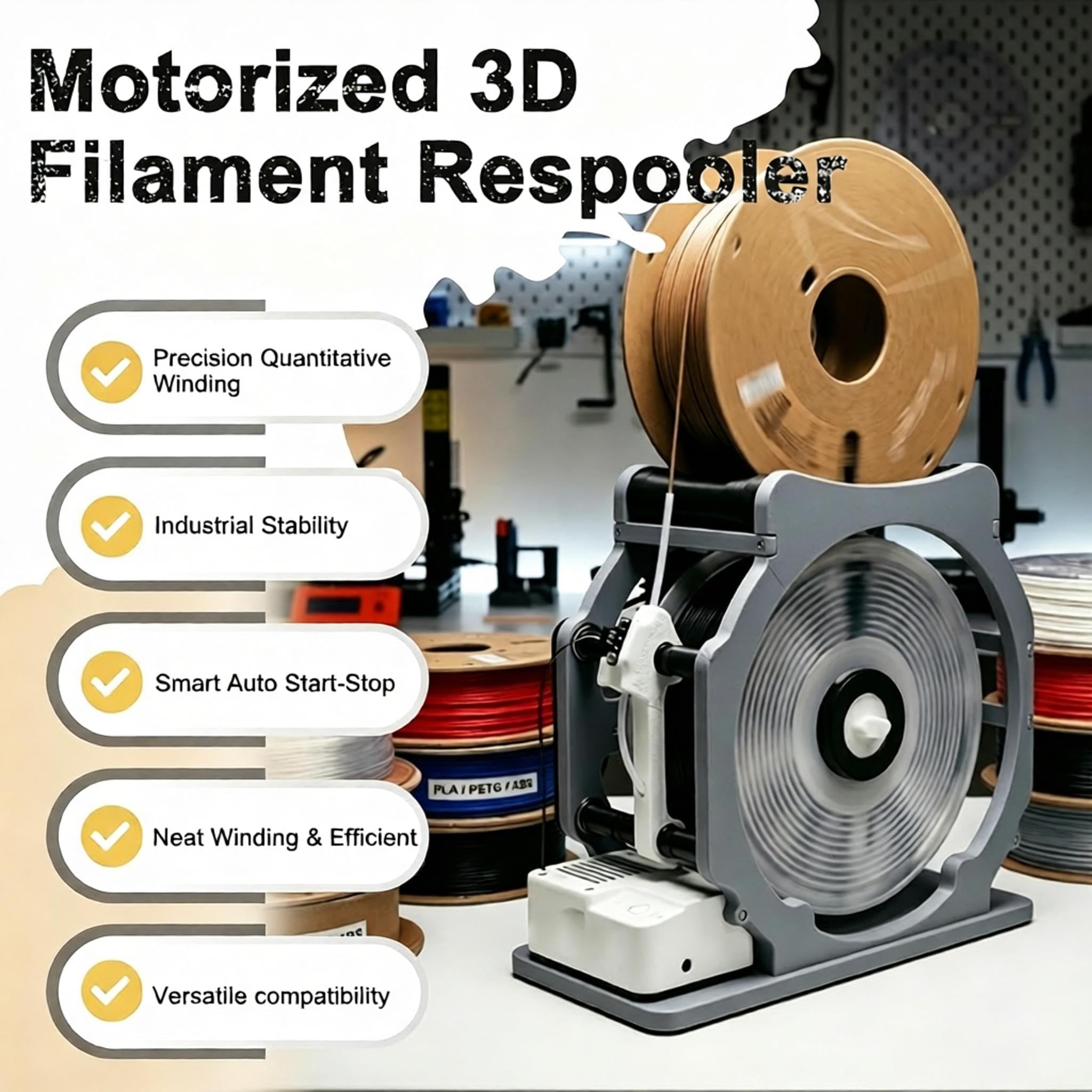 Rebobinador De Filamento 3D Motorizado, Bobinador De Filamento con Modo Cuantitativo, Arranque Y Parada Inteligentes, Marco En H De Abs De Alta Resistencia, Enrolla De Forma Ordenada Sin Enredos,