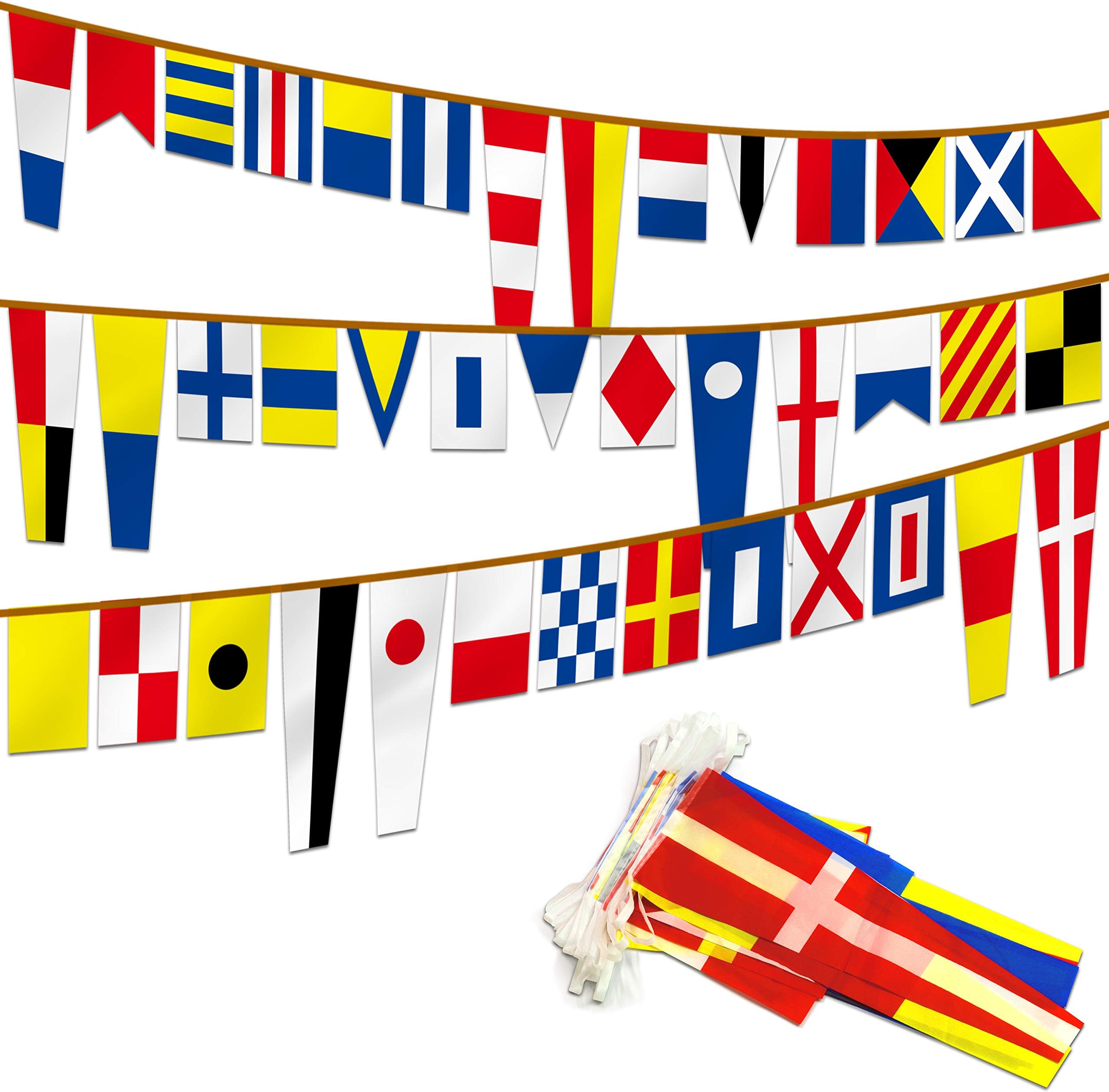 Anley International Maritime Signal Code String Flags Set of 40 Flags - 40 Ft Long Naval Themed Decoration Pennant Banners for Home/Boat/Ship/Vessel - Individual Flag of 5.5"x18" or 5.5"x9" - 40 Feet