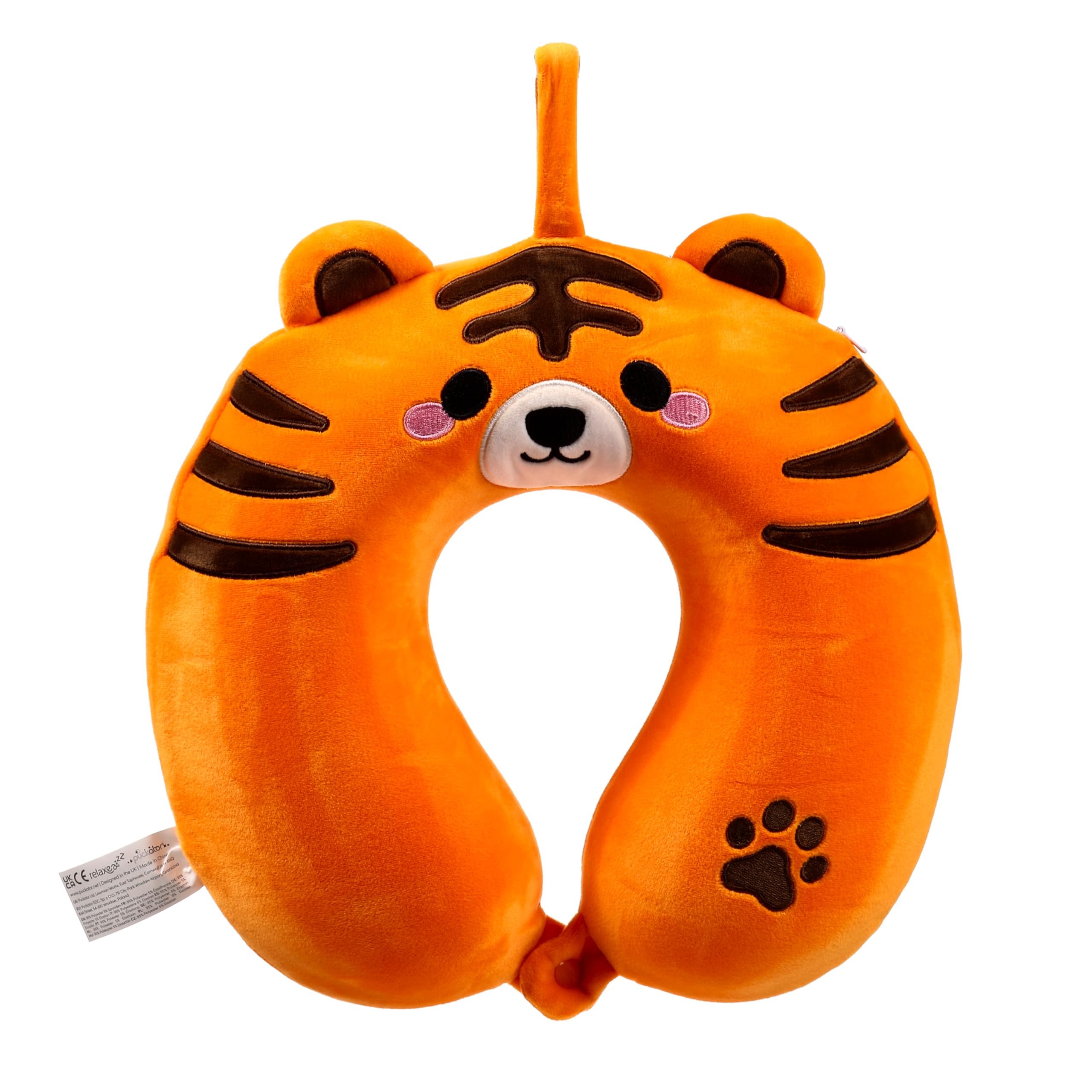 Puckator Relaxeazzz Alfie The Tiger Adoramals Plush Memory Foam Travel Pillow - Neck Flight Airplane Pillow For Travel - Kids Neck Pillows Cushion For Sleeping Neck Pain Adults - Airport Essentials