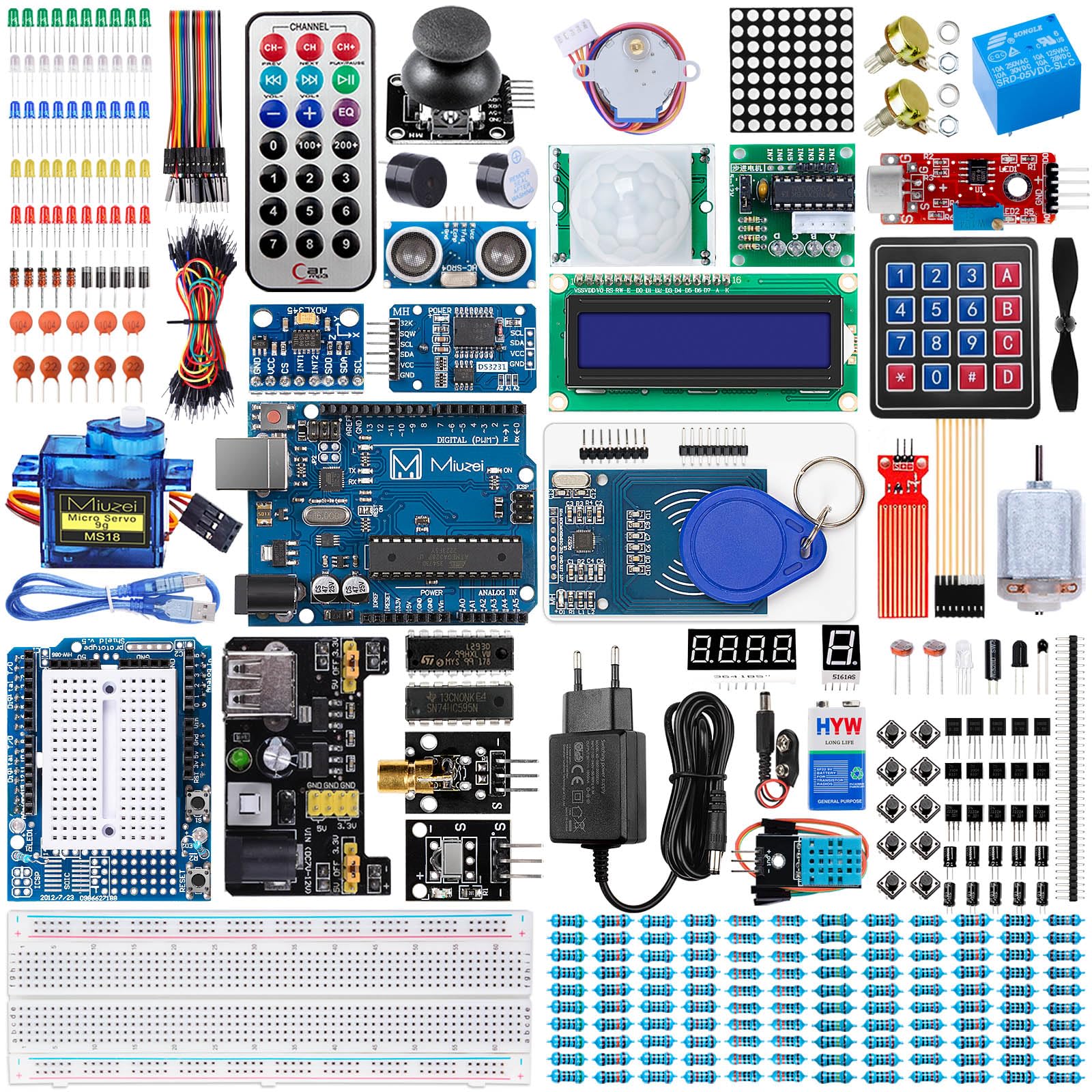 Miuzei Zestaw Startowy Elektroniczny Kompatybilny z Arduino, Zawiera Płytka, Czujniki, Rezystory, Zasilacz, Diody LED, 248 Akcesoriów, 42 Kursy
