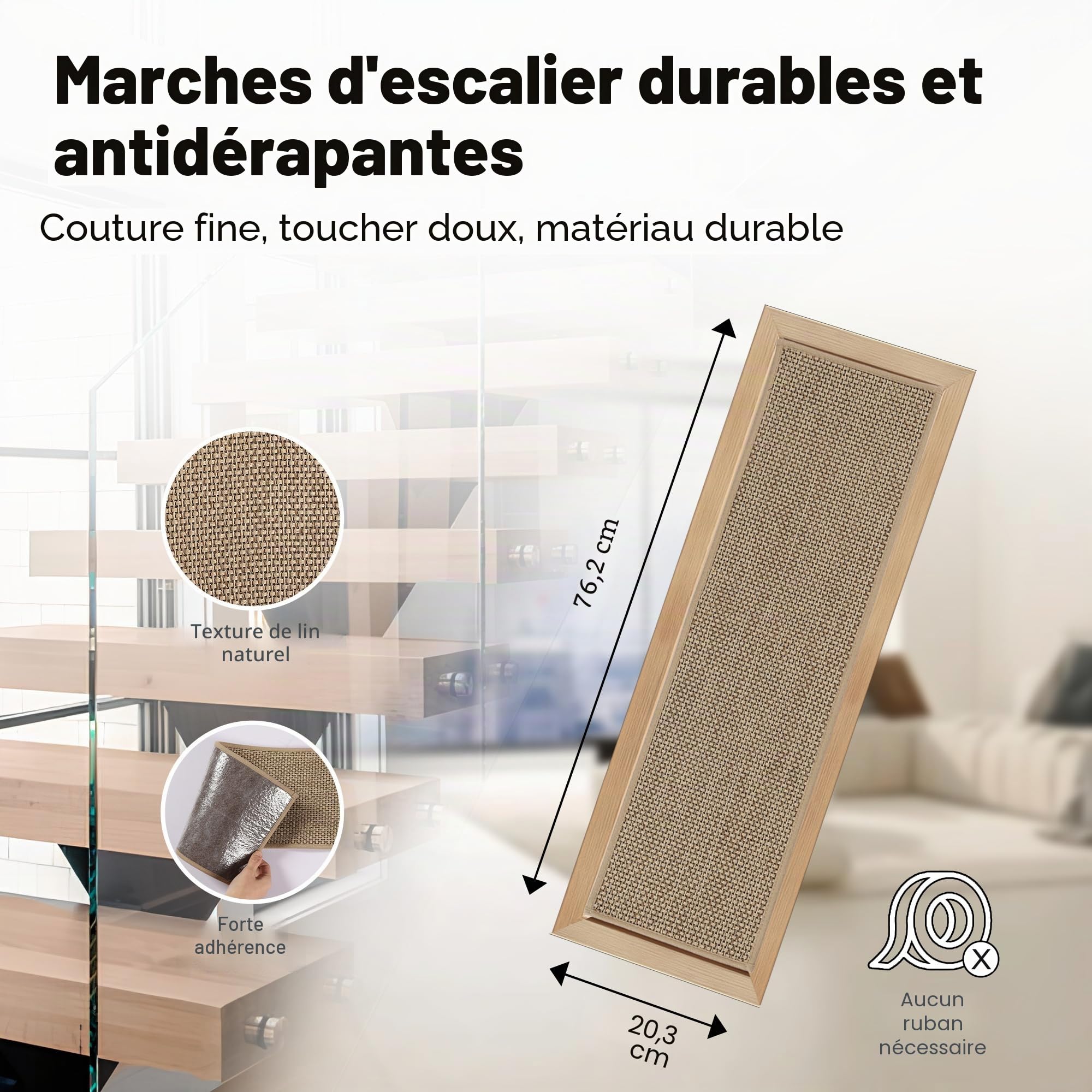Marchettes d'Escalier, 20cm*76cm 15PCS, Anti Derapant Tapis, Moquette Escalier, Moquette Autocollante, Tapis d'Intérieur Antidérapant, avec Adhésif Réutilisable, Beige