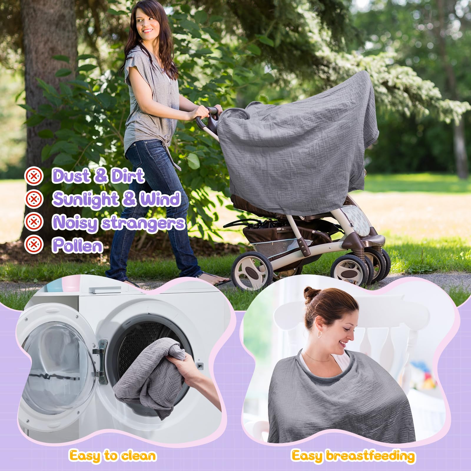 Cape Allaitement Bébé 100% Coton avec Serviette, Doux Respirant Sangles Réglables Gris