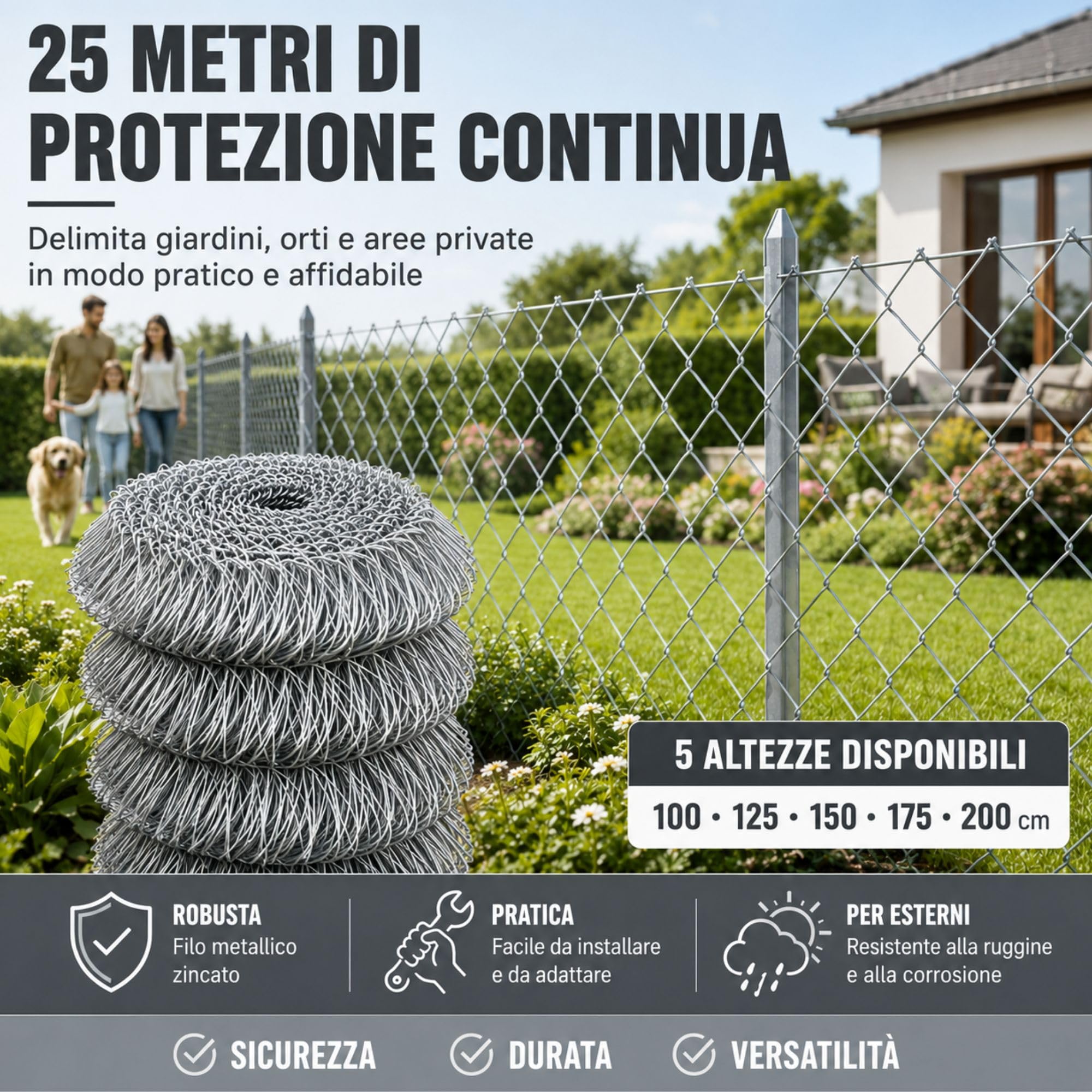 ITALFROM - Rotolo 25 Metri Rete Metallica Zincata per Recinzioni (H 175 cm) Rete Elettrosaldata Grigia a Maglia Sciolta 50x50mm con Diametro Filo 1,8mm, Rete da Giardino per Recinzione Rigida 2396