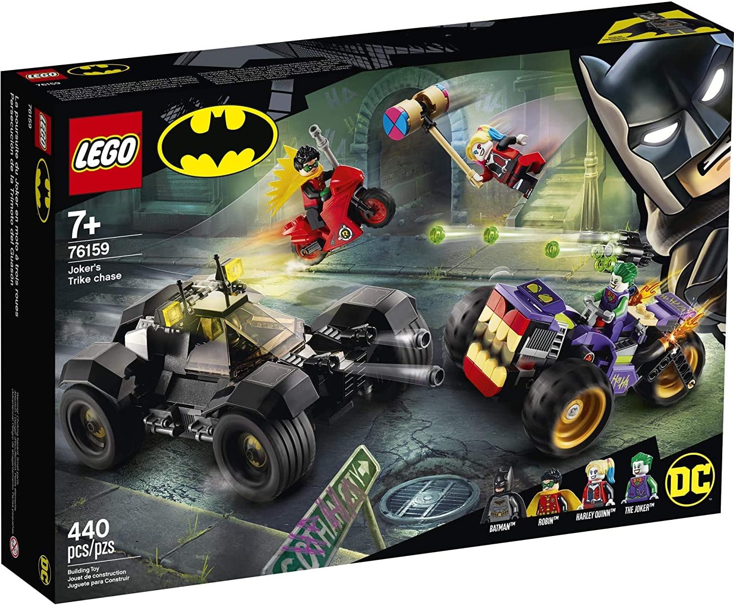 DC Batman Joker's Trike Chase 76159 Super-Hero Cars and Motorcycle Playset, Mini Shooting Batmobile Toy, for Fans of Batman, Robin, The JOKER and Harley Quinn (440 Pieces)