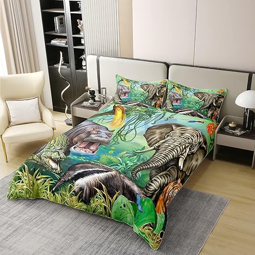 Juego de funda de edredón 100% algodón con estampado de animales de la selva, diseño de cocodrilo, hipopótamo, elefante, tigre, africano, safari,