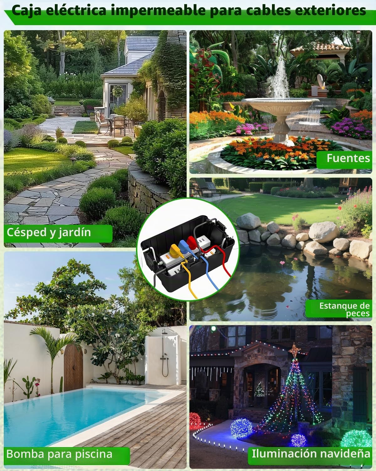 IP54 Caja de cables impermeable grande 32 x 22 x 13 cm, resistente al agua, 7 entradas de cable, caja eléctrica para proteger enchufe, cable de extensión, enchufe de jardín, luz de vacaciones