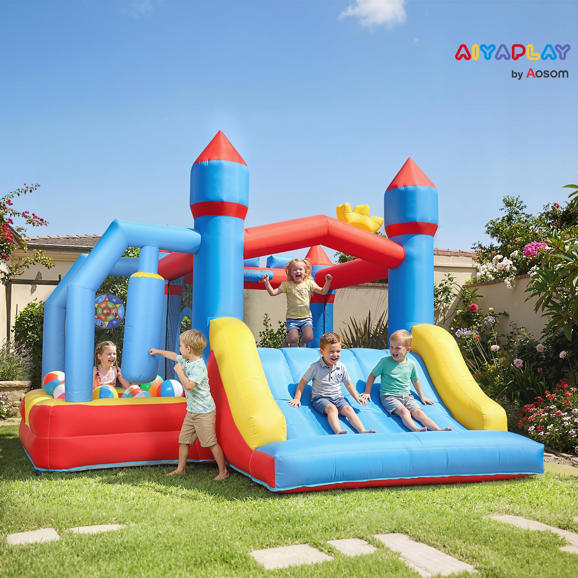 AIYAPLAY Castillo Hinchable para Niños con Soplador, Castillo Hinchable con Tobogán, Zona de Salto, Piscina, Pilar de Boxeo y Aro de Baloncesto, para Niños 3-8 Años, Interior, Exterior, 277x270x215 cm