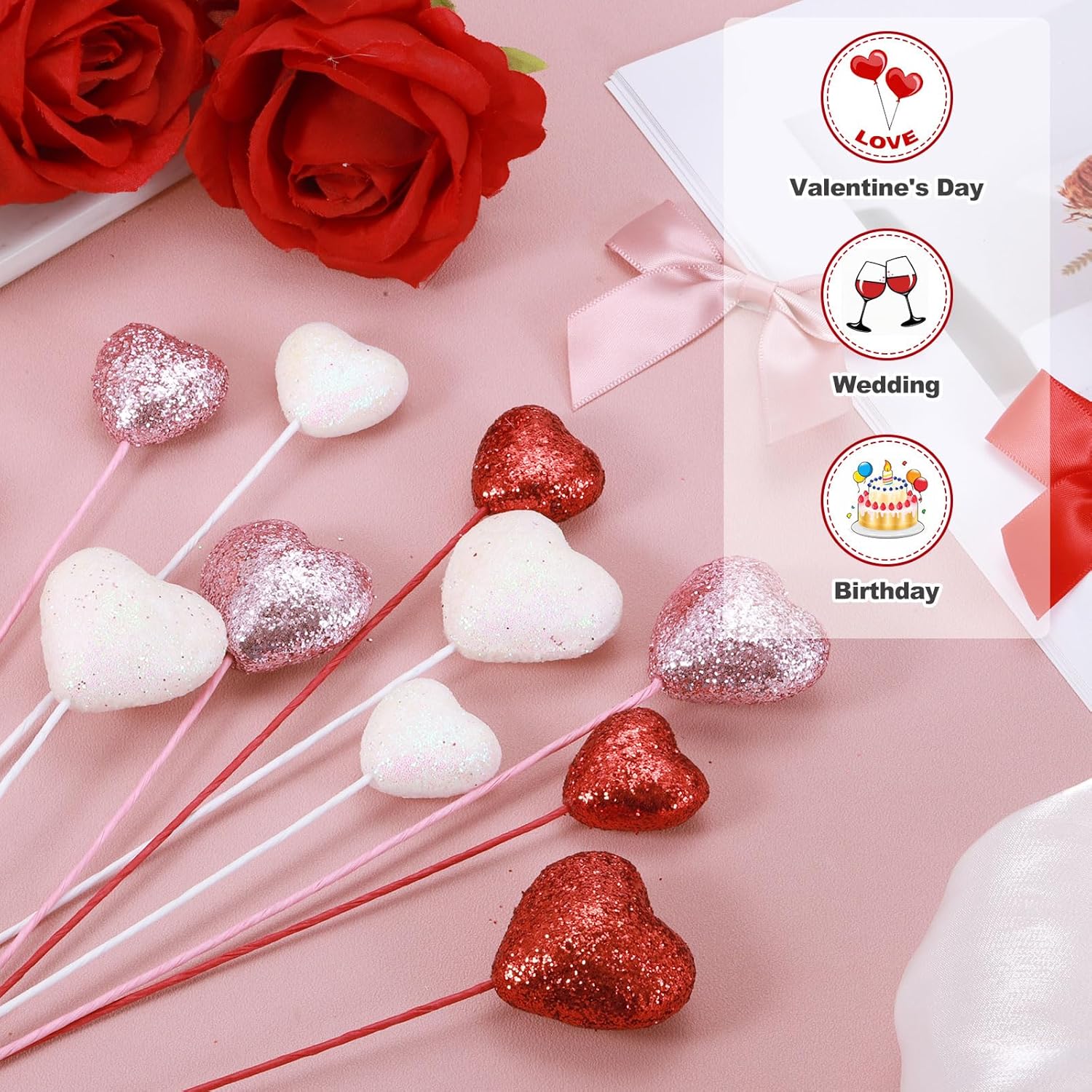 MECCANIXITY 24個 グリッター ハート型 ピック パフィーフォーム ハート フローラル キラキラ スティック バレンタイ