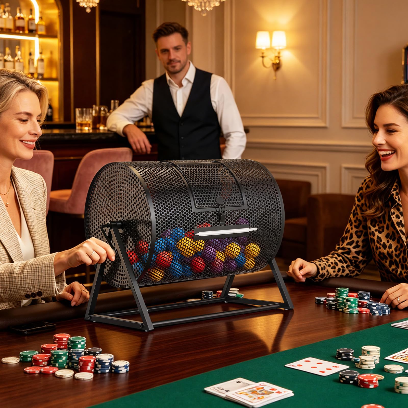 VEVOR Tombola Trommel, 410xØ302 mm, Lostrommel mit Fassungsvermögen von 5000 Lose oder 200 Lotteriebälle, Gewinnspieltrommel mit Kurbel & Dreiecksständer, für Veranstaltungen & Feiern, Schwarz
