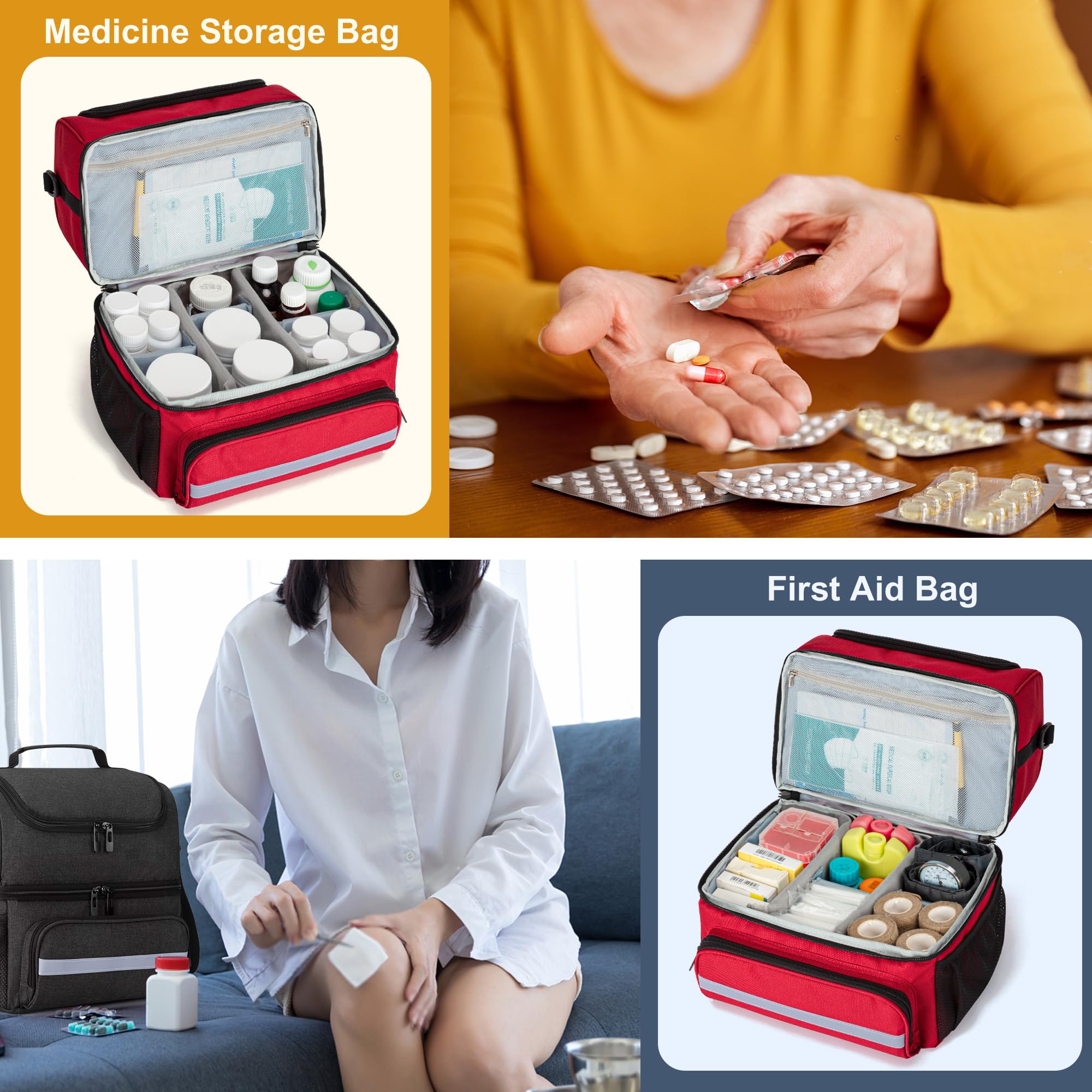 CURMIO Doppelschicht Medizinische Tasche, Tragbar Reiseapotheke Tasche, Notfalltasche für Medizinflasche, Vitamine, Medizinisches Zubehör, Leer, Rot