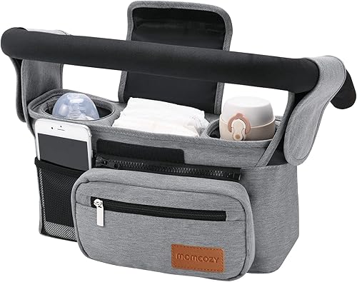 Miniatura 8 de Momcozy Organizador universal para cochecito de bebé, 2 portavasos aislados, bolsillo desmontable con cremallera, correa de hombro ajustable, gran