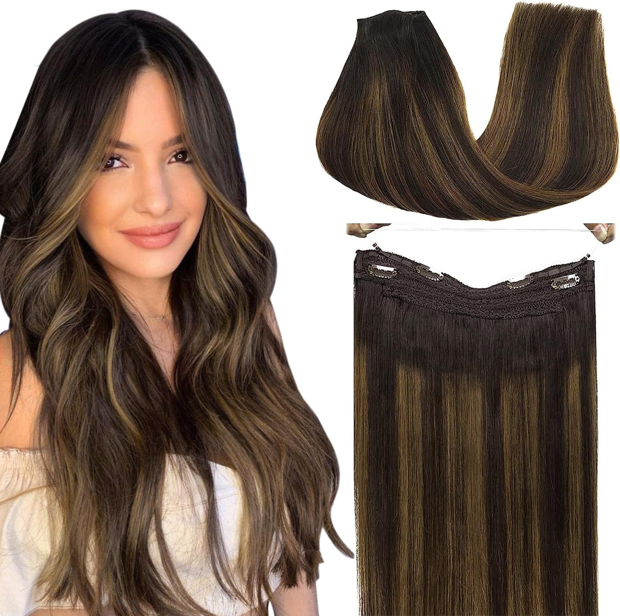 GOO GOO Wire Hair Extensions Human Hair, 2/6/2 Dark Brown with Chestnut Brown Balayage 12inch 70g, Invisible Wire Hair Extensions with Transparent, Seamless Fish Line Hairpiece