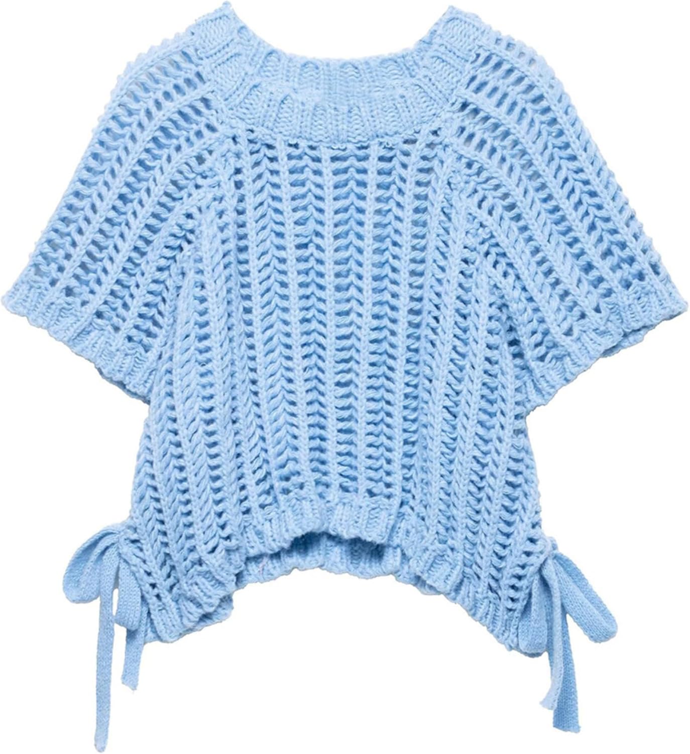 Womens Crochet Knit Sweater Vest Crop Top Cute Loose Fit Short Sleeve Side Bow Tie Hollow Out Pullover Tank Tops