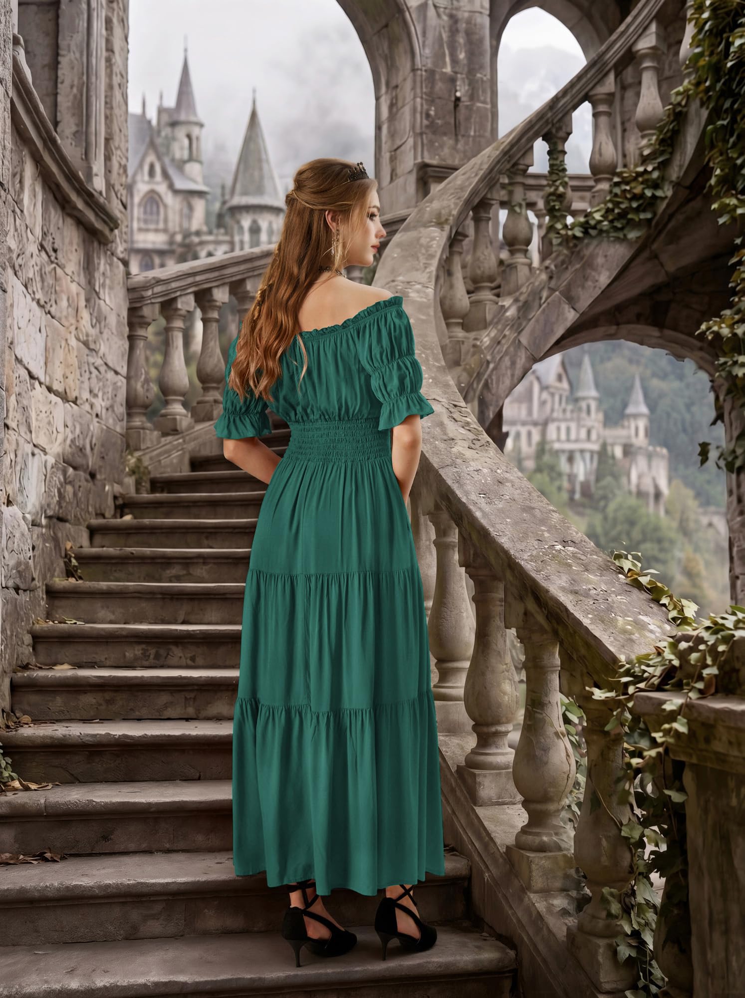 SCARLET DARKNESS Vestito da donna in stile rinascimentale, con spalle scoperte, stile medievale | maniche a sbuffo, vita elasticizzata, linea ad A, con tasche, abbigliamento medievale da donna, costume da pirata