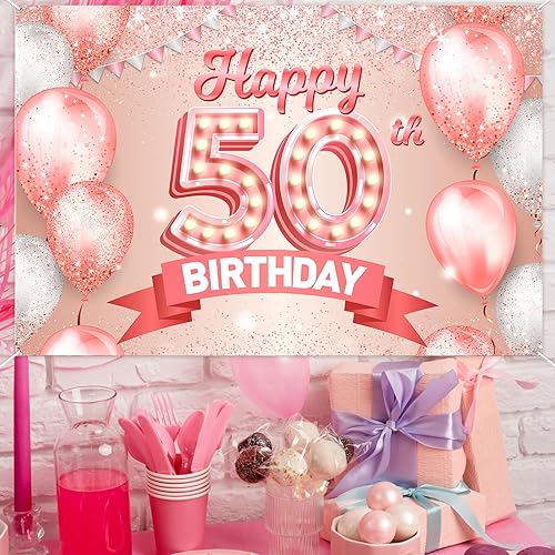 Miniatura 6 de Cartel de oro rosa con texto en inglés "Happy 50th Birthday", globos de confeti, decoración temática para mujeres de 50 años, suministros de fiesta