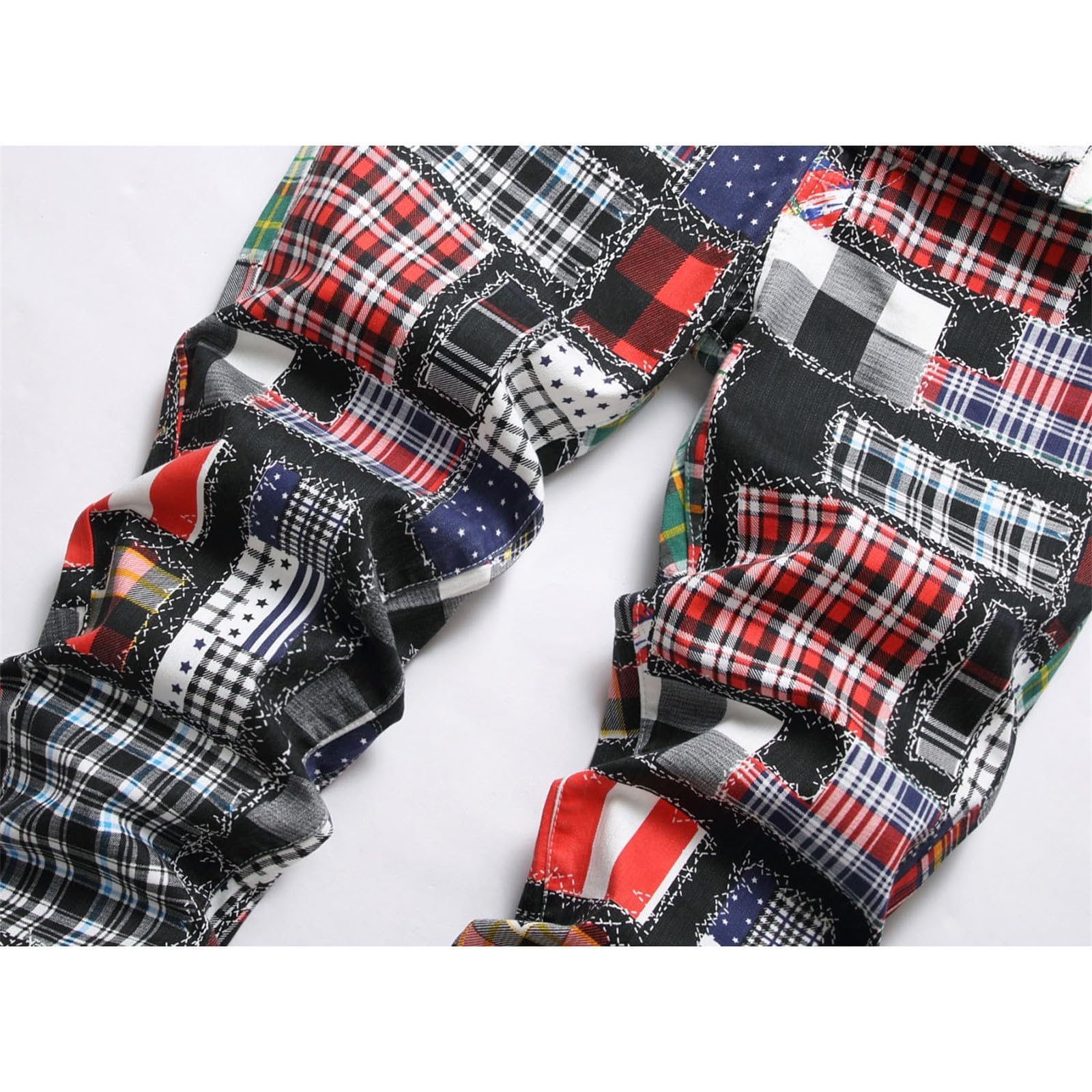 Pantalones Hombre Vaqueros-Pantalones de Mezclilla elásticos Ajustados con Contraste de Color de Cilindro Recto de Retazos a Cuadros con Estampado Digital