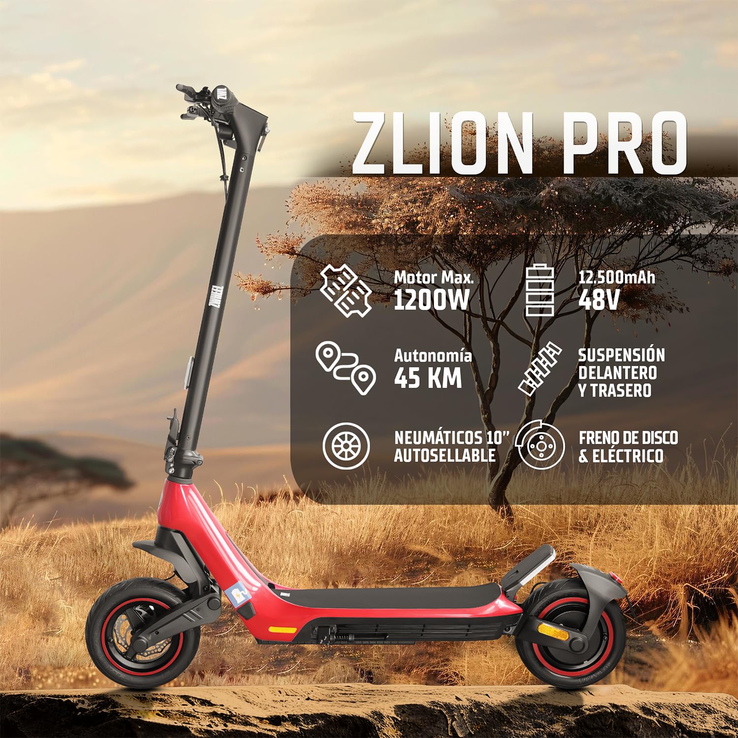 ZWHEEL Zlion Pro | Patinete Eléctrico Adultos Homologado DGT - 1200W MAX, 40-45km Autonomía, Regeneración al Frenar, Doble Freno, Ruedas 10" Tubeless Autosellable, Pantalla Avanzada, App y IP54