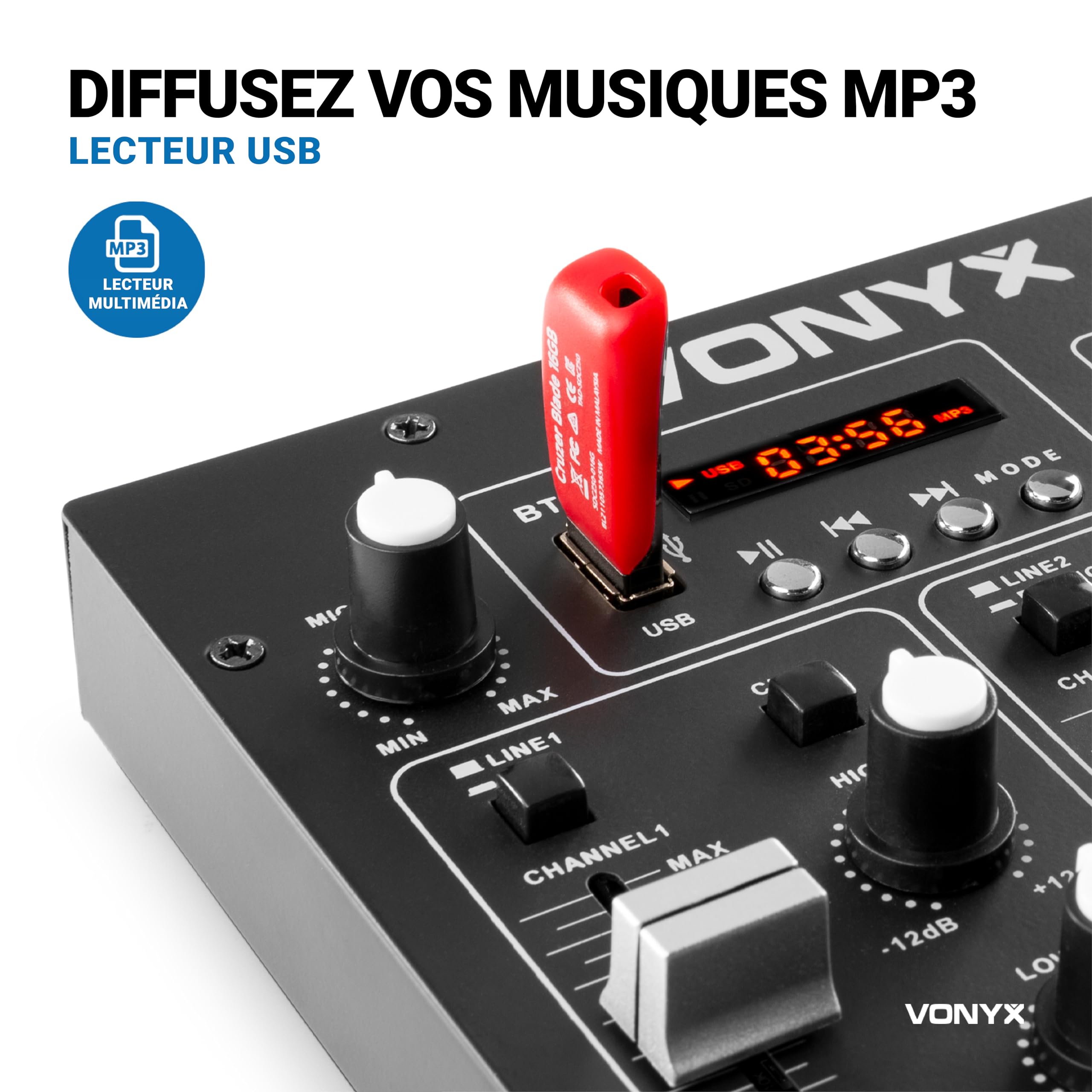 Vonyx STM2290 Table de Mixage DJ 8 Canaux, Entrée USB, Bluetooth, 8 Effets sons Individuels, Equalizer 5 Bandes, Entrée Micro et Sortie Casque, Écran LCD