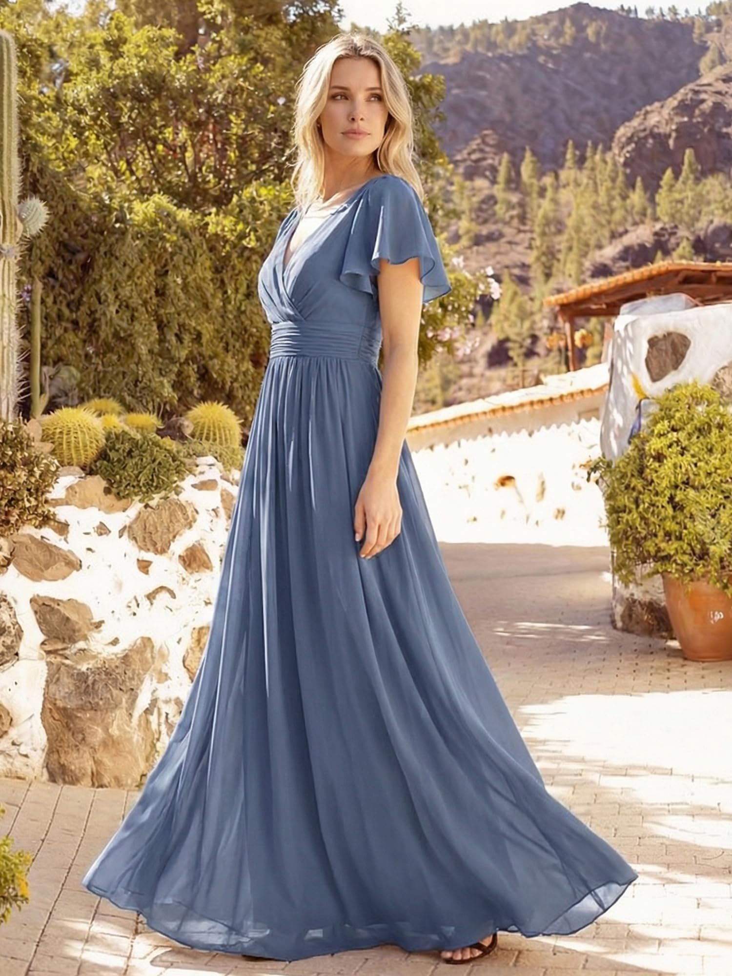 Ever-Pretty Abendkleider Lang V-Ausschnitt Brautjungfernkleider Chiffon für Hochzeit DS01819