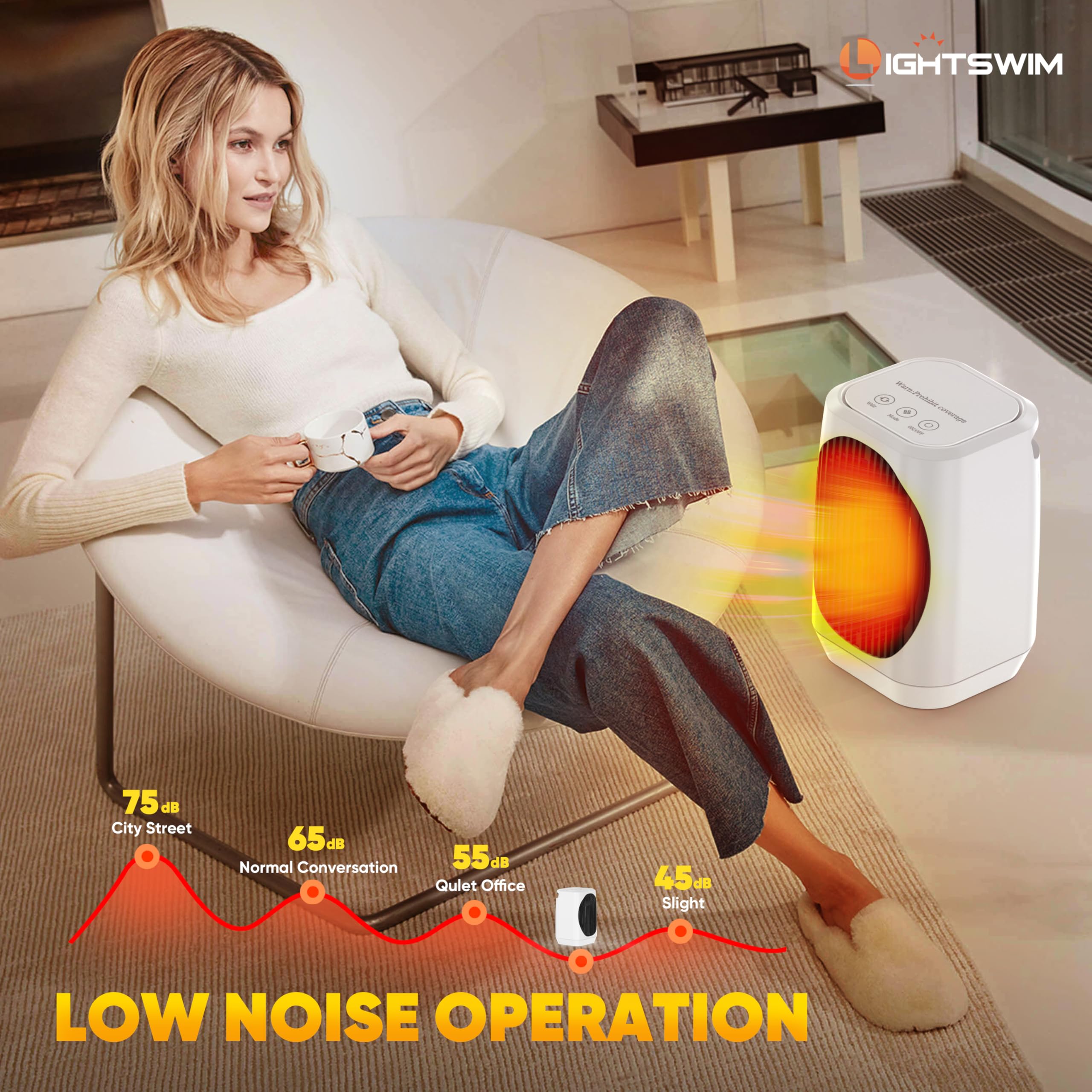 Lightswim Chauffage d'appoint électrique portable oscillant à 70°, 1200 W PTC en céramique avec 3 modes, mini chauffage/refroidisseur pour bureau, chambre, intérieur (blanc)