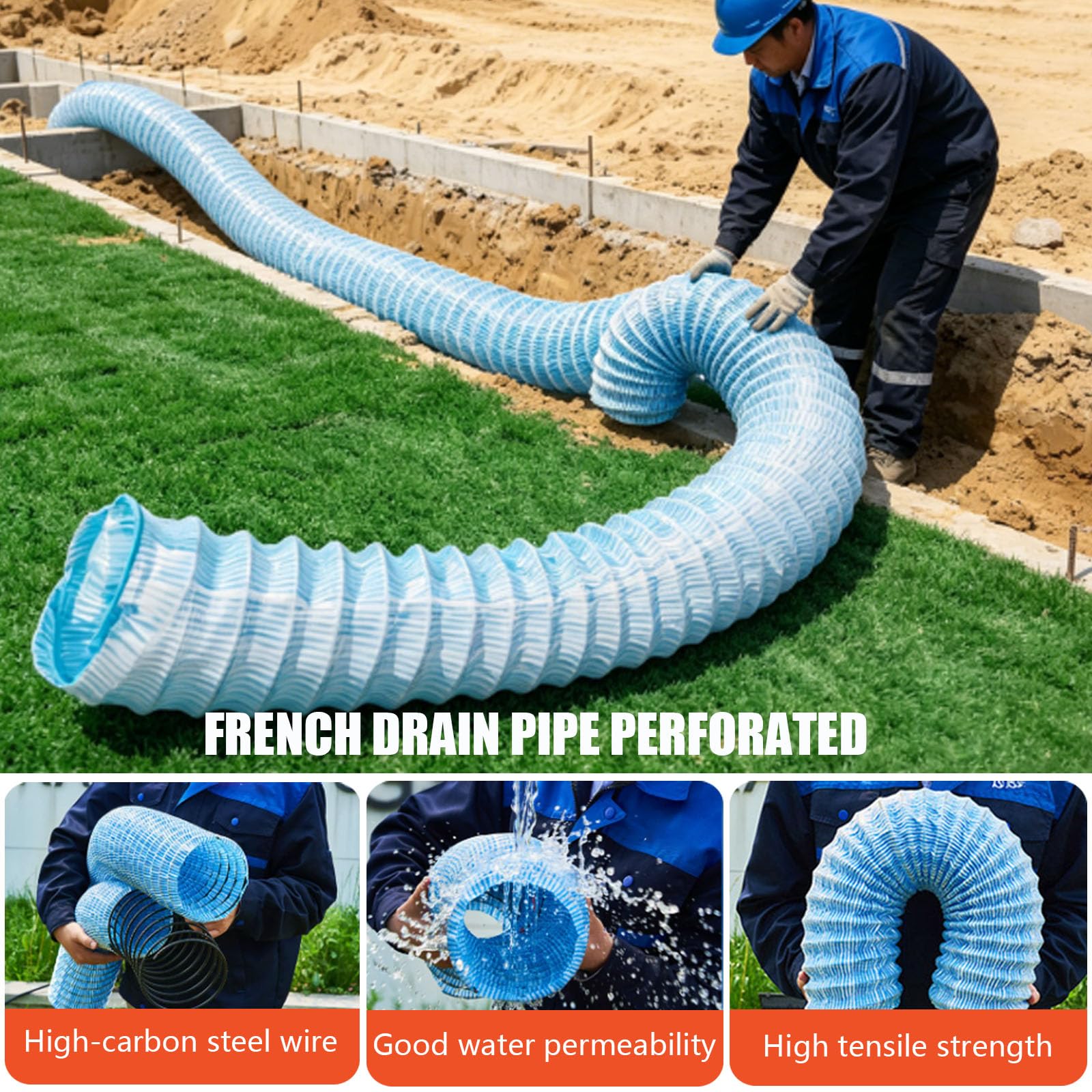 Tubo di scarico ondulato da 10,2 cm, in PVC, morbido, per infiltrazione francese, per rimozione dell'acqua sotto la superficie, per giardino, prato, cortile, sistema di drenaggio