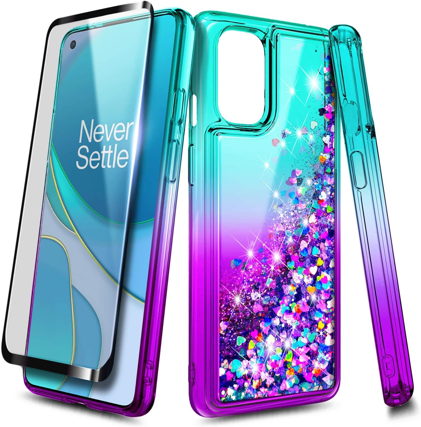 NZND Case for OnePlus 8T /OnePlus 8T Plus 5G with Tempered Glass Screen Protector (Full Coverage), Sparkle Glitter Flowing Liquid Women Girls Cute Phone Case -Aqua/Purple