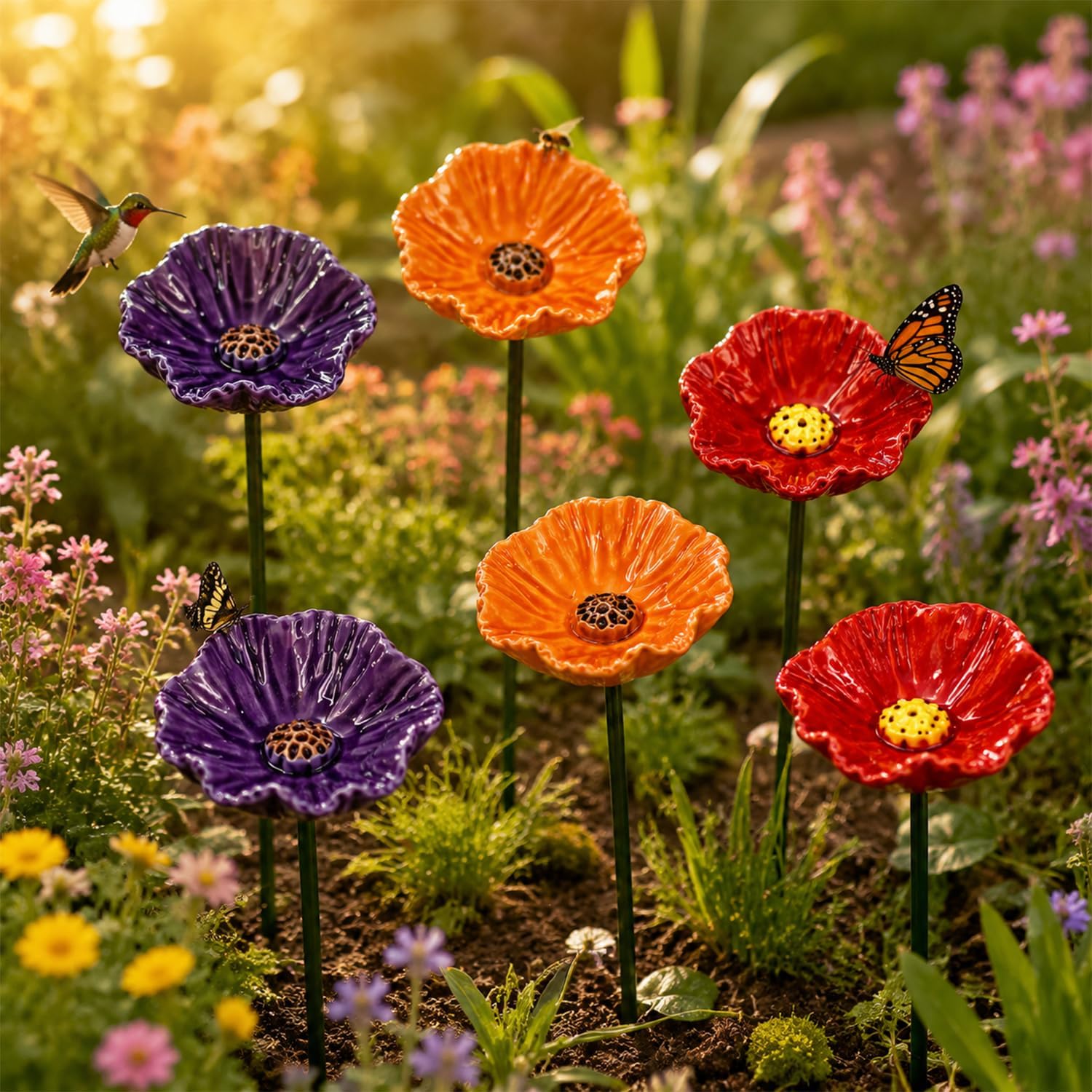 Handmade Ceramic Pollinator Watering Station, Colourful Flower Garden Stakes for Bees, Butterflies & Hummingbirds, Mini Bird Bath Outdoor Garden Decor Gift for Nature Lovers (6pcs)
