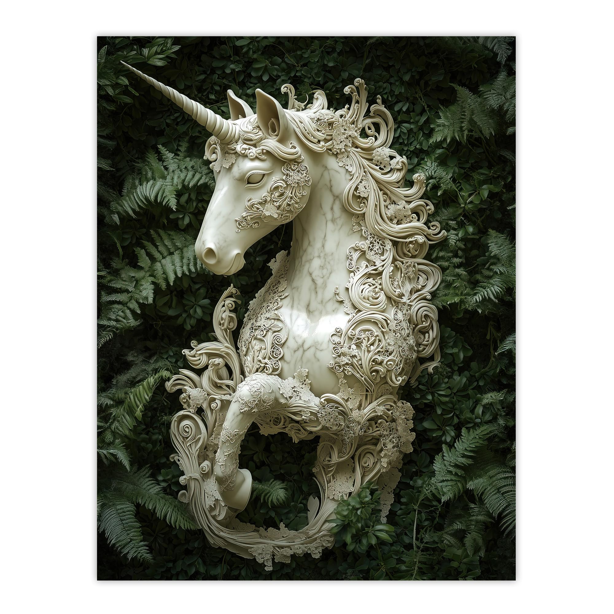 Artery8 Filigree Marble Unicorn Statue Fern Frond Leaves Living Room Extra Large XL Wall Art Poster Print